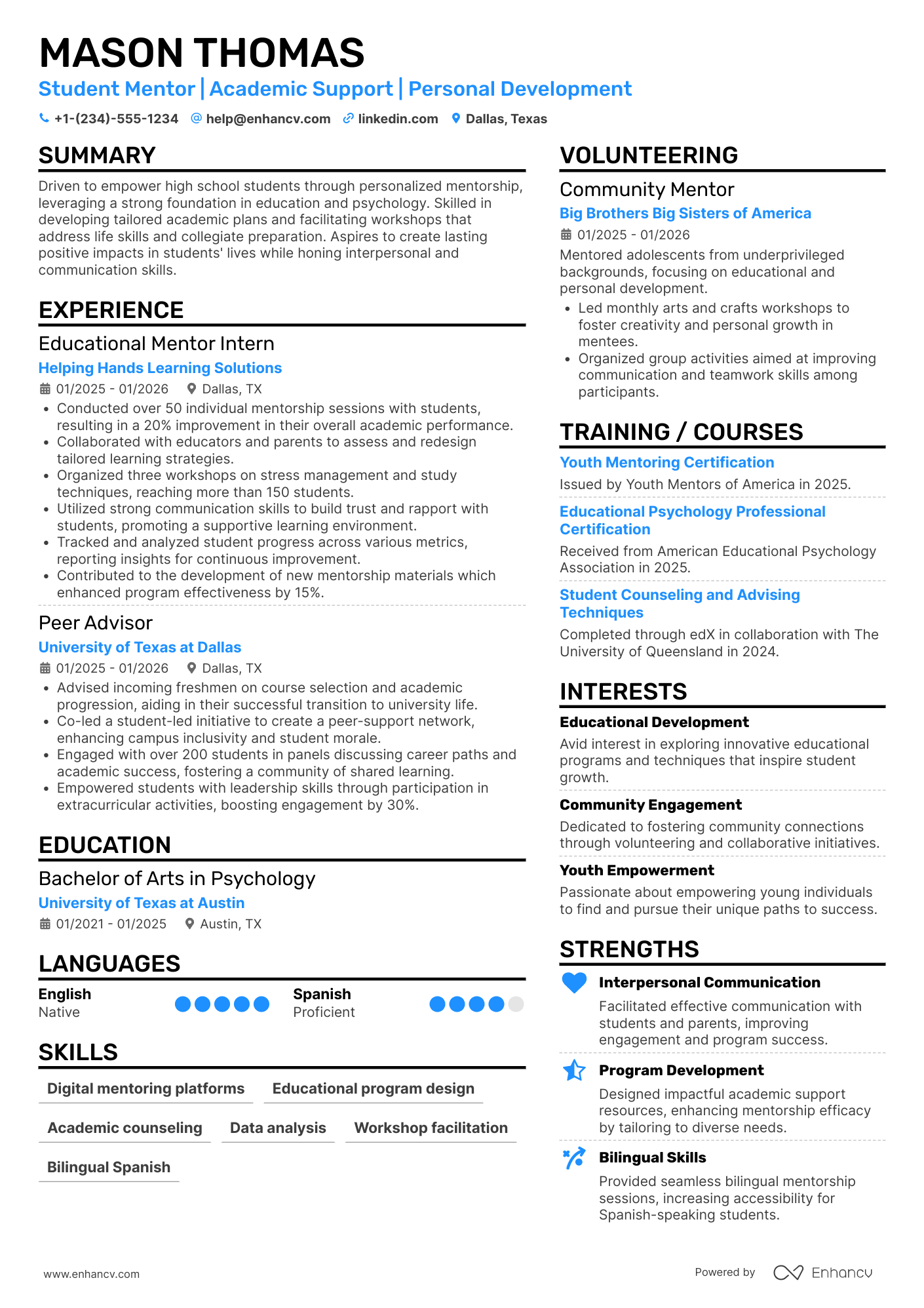 A resume example of a High School Student Mentor