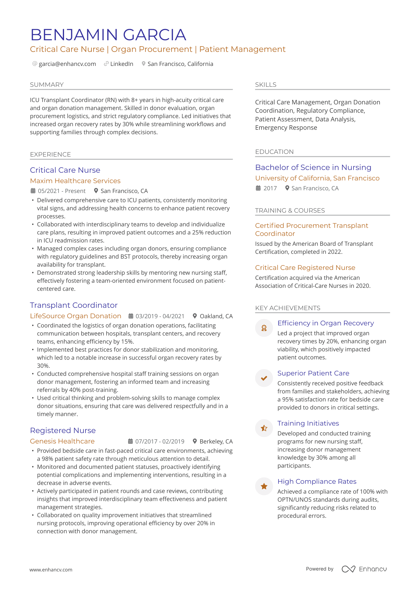 A resume example of a ICU Nurse Coordinator