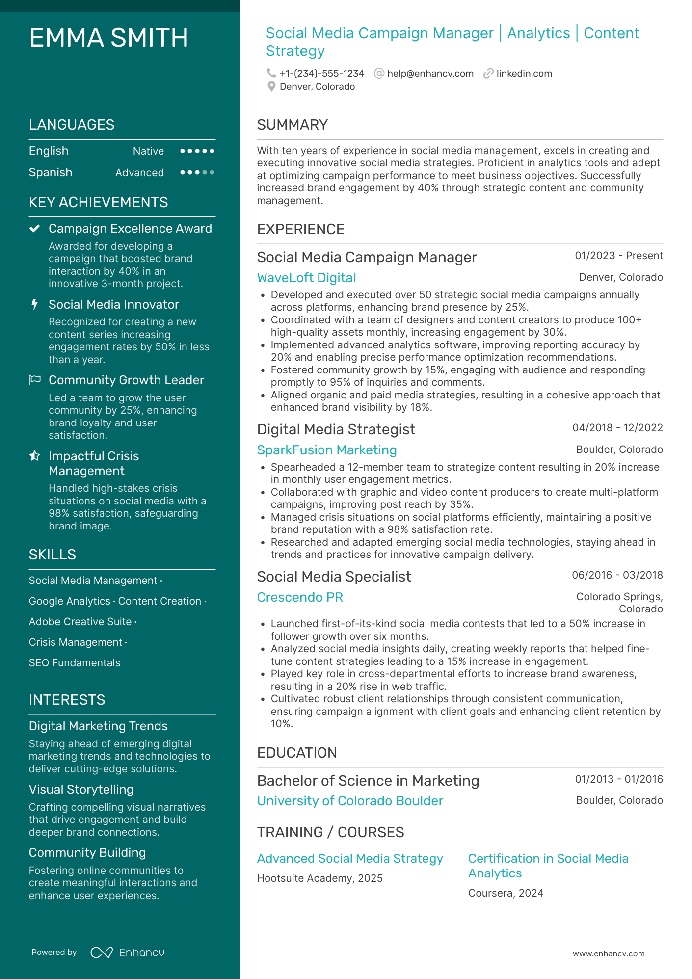 A resume example of a Social Media Campaign Manager