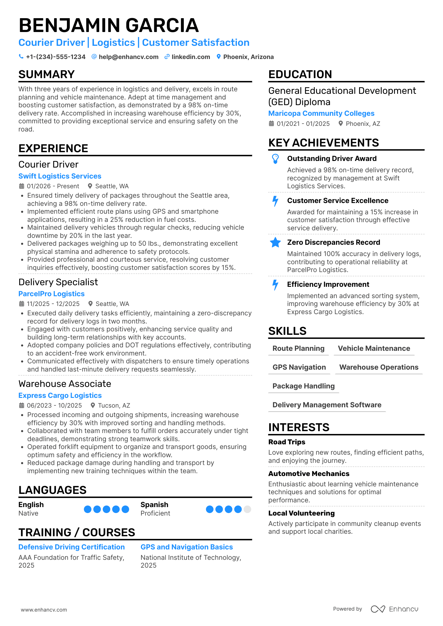A resume example of a Courier Driver