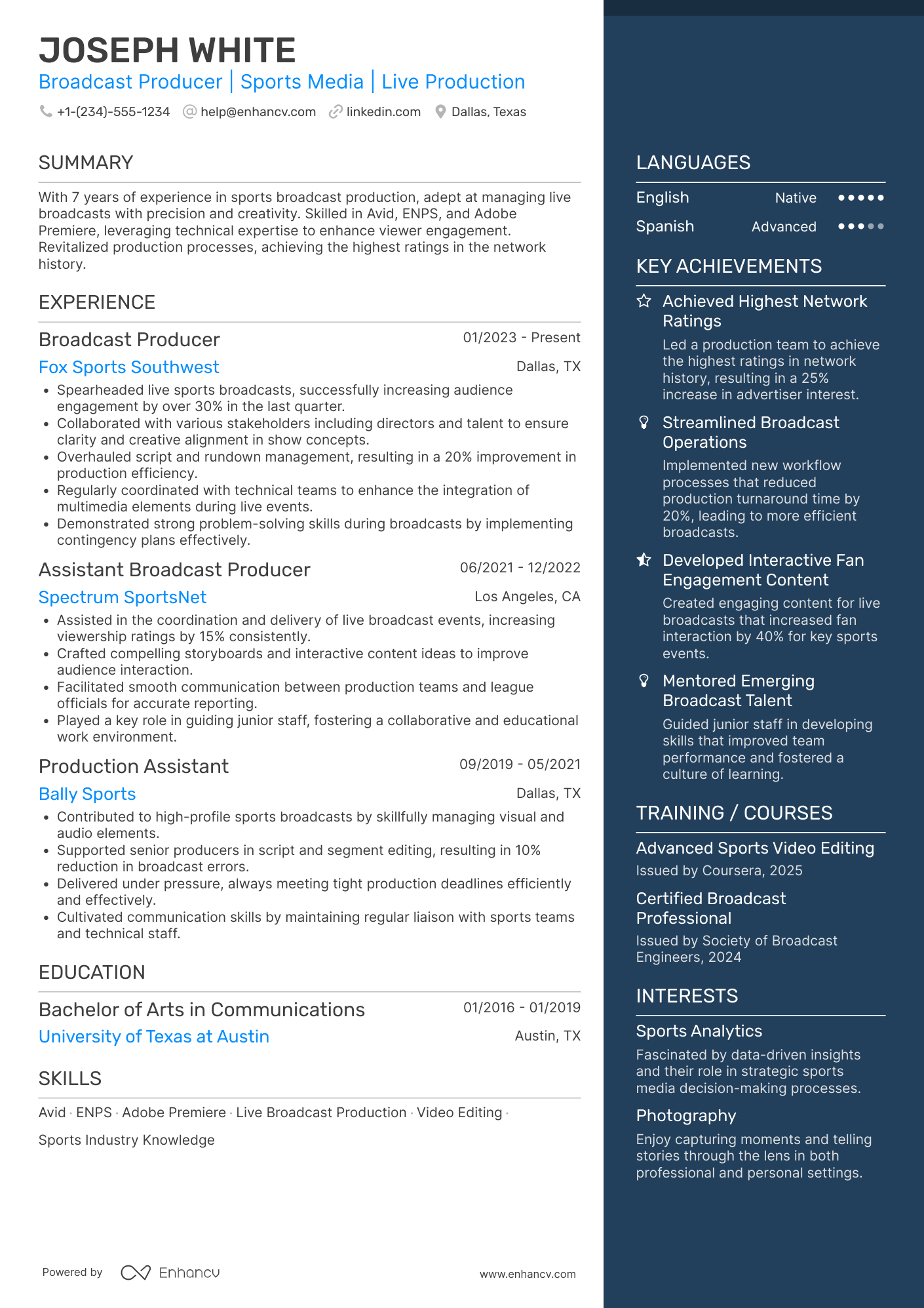 A resume example of a Sports Broadcast Producer