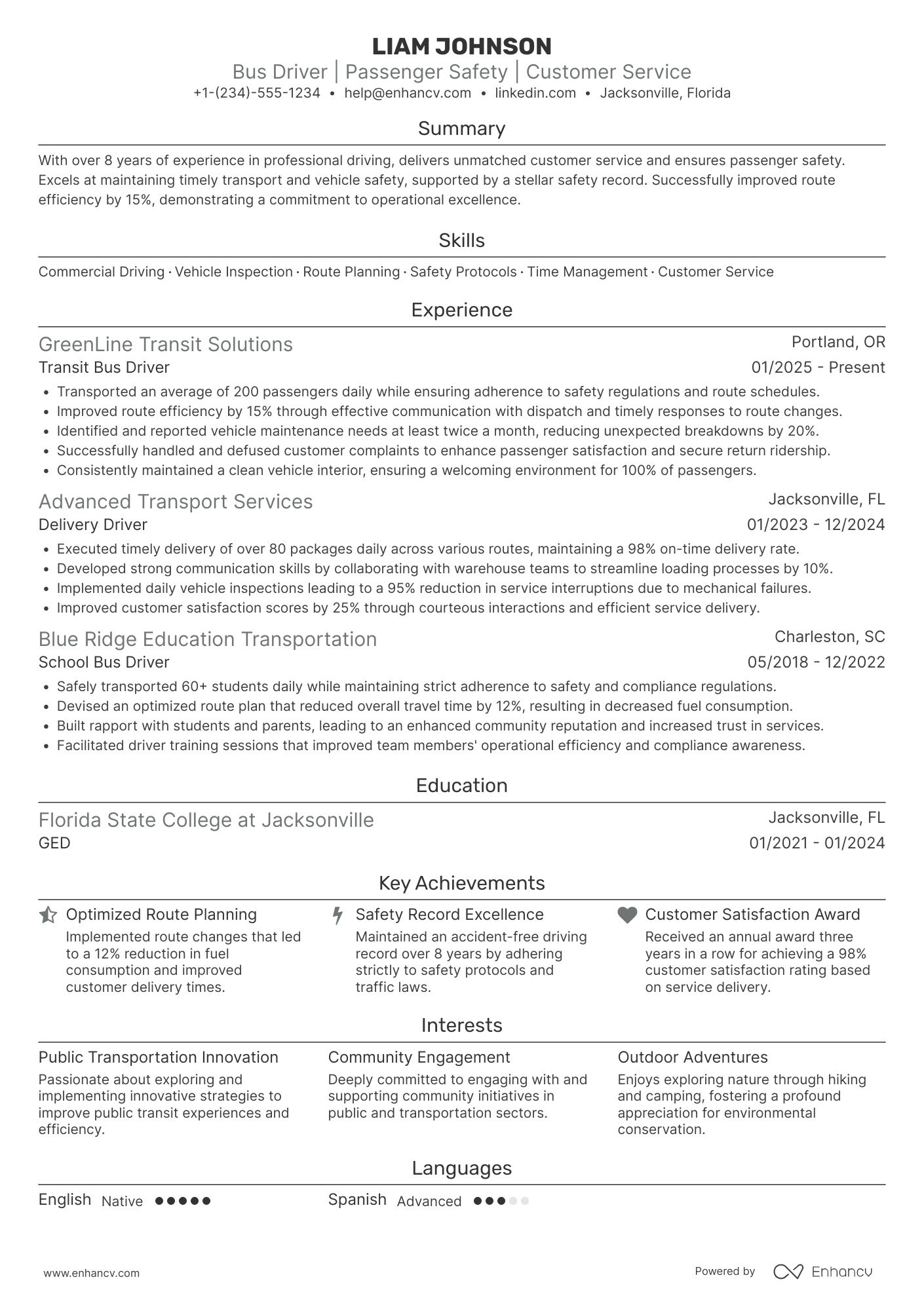 A resume example of a Transit Bus Driver