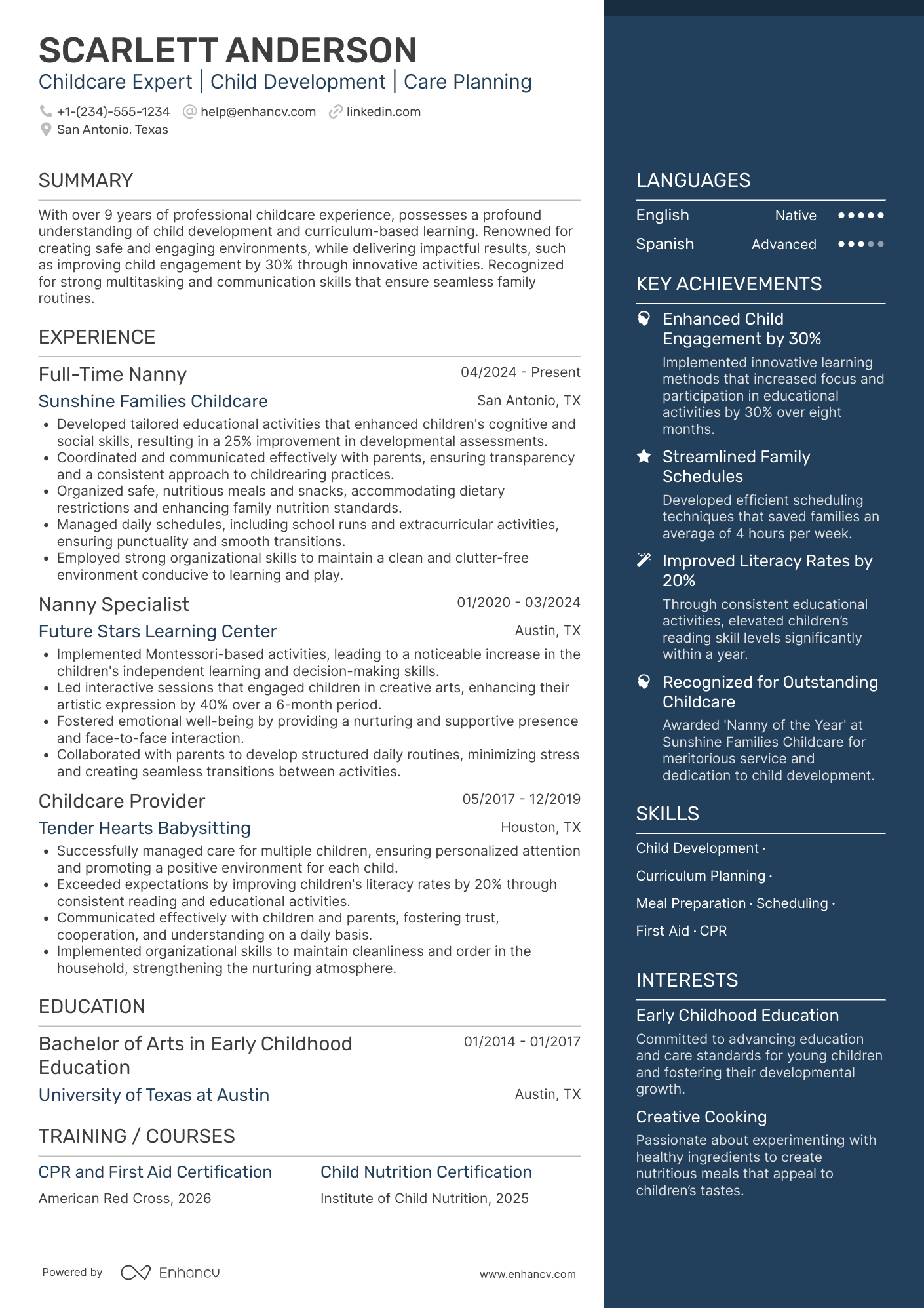 A resume example of a Full Time Nanny