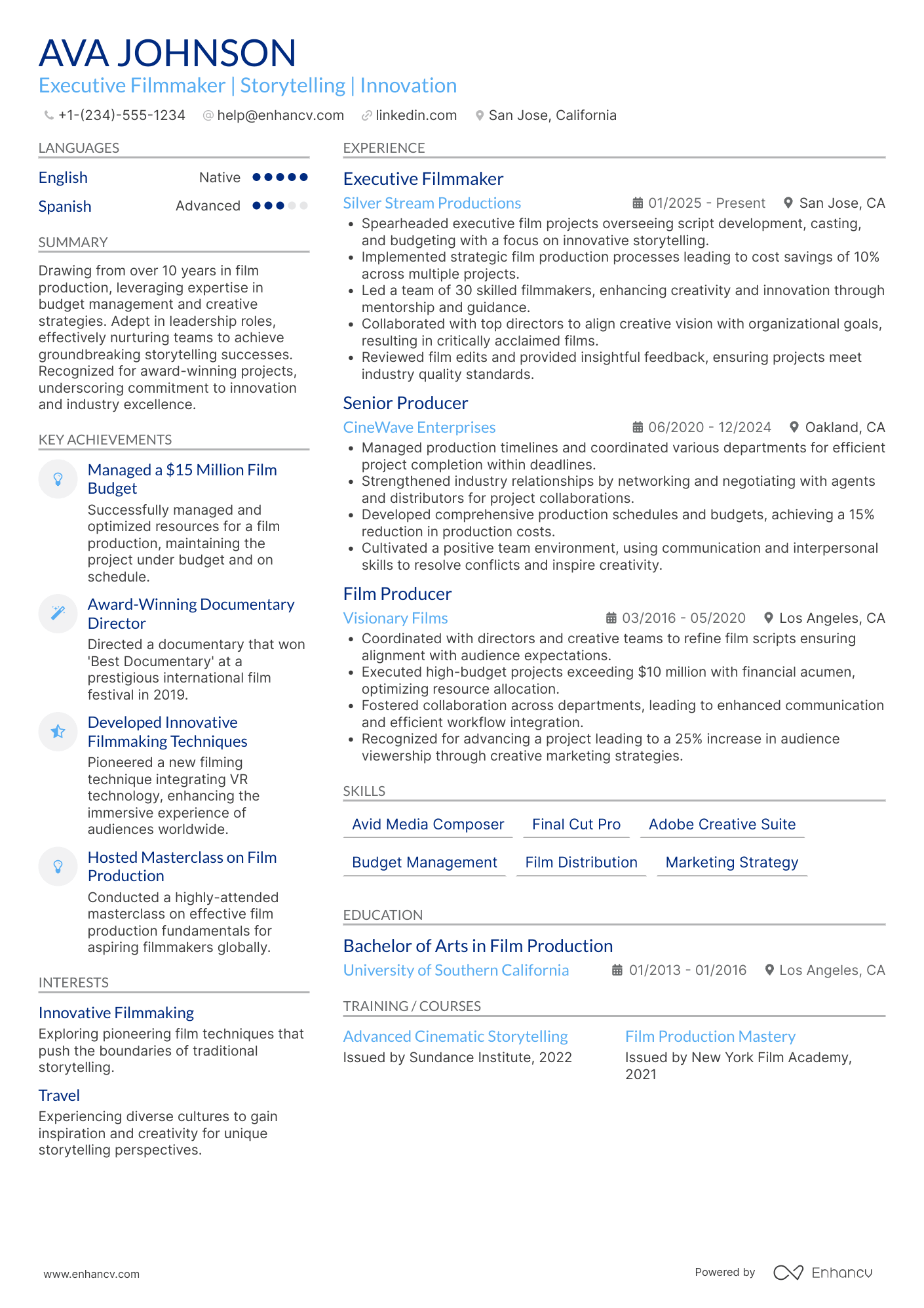 A resume example of a Executive Filmmaker