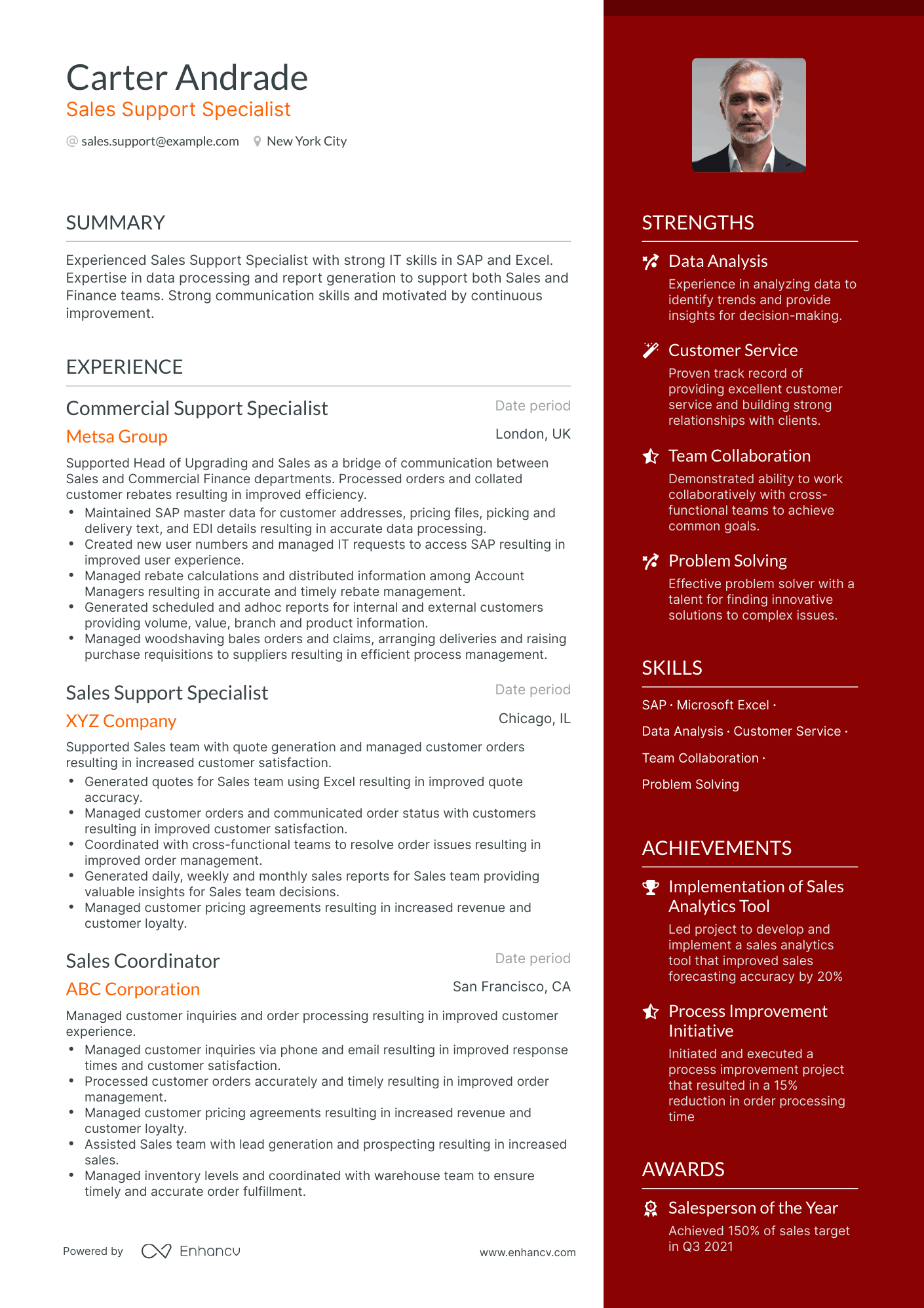One Page Sales Support Specialist Resume Template