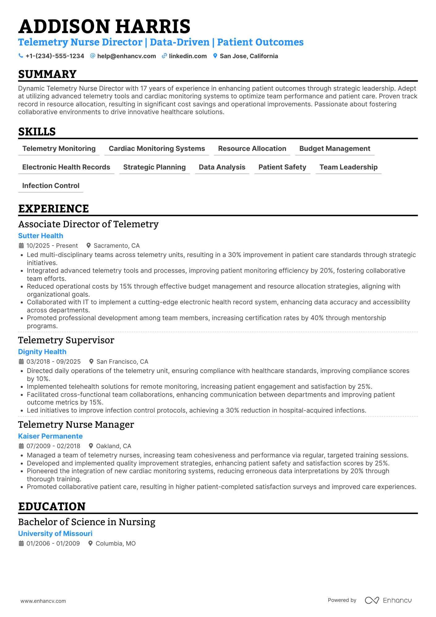 A resume example of a Telemetry Nurse Director