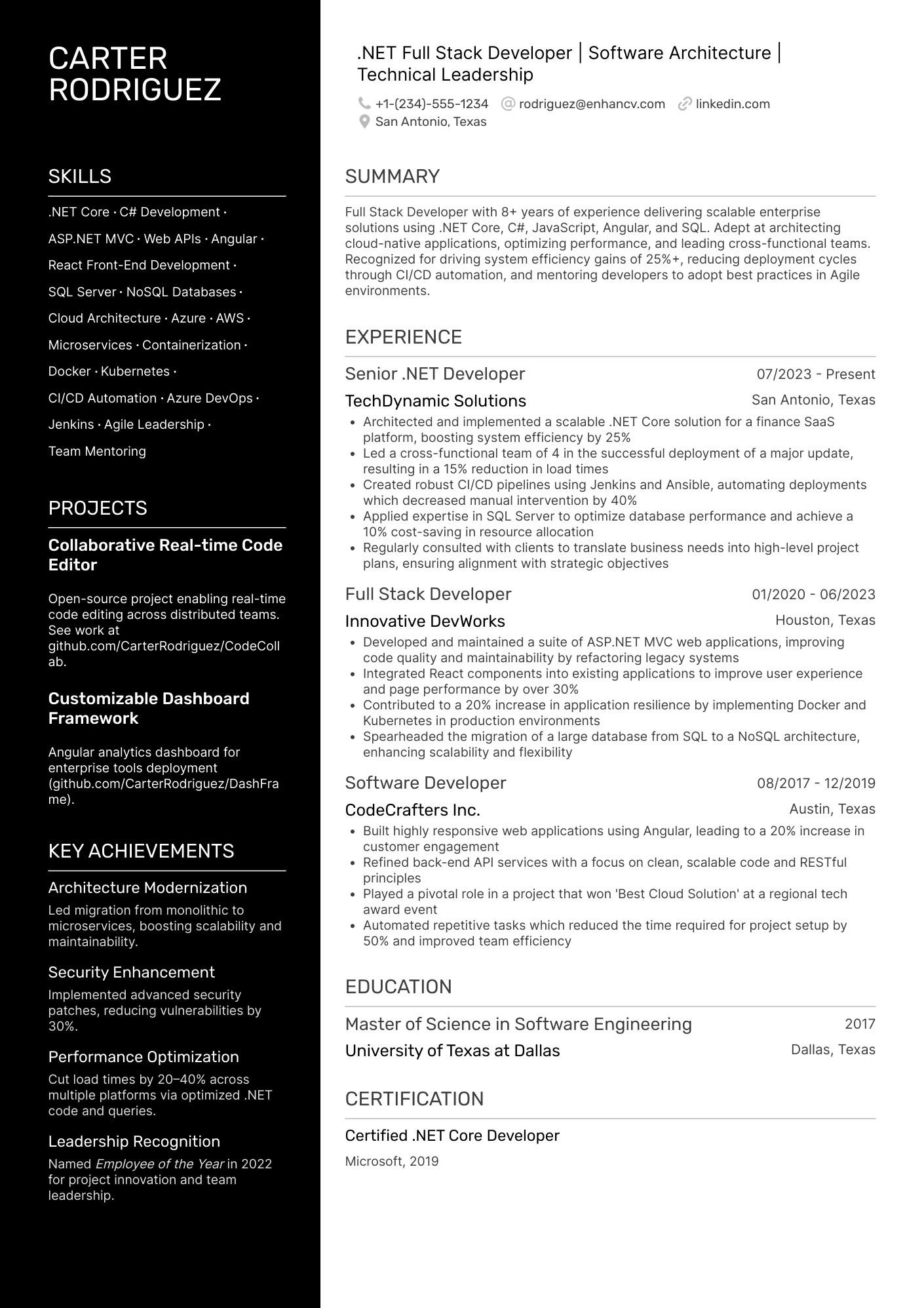 A resume example of a .Net Full Stack Developer