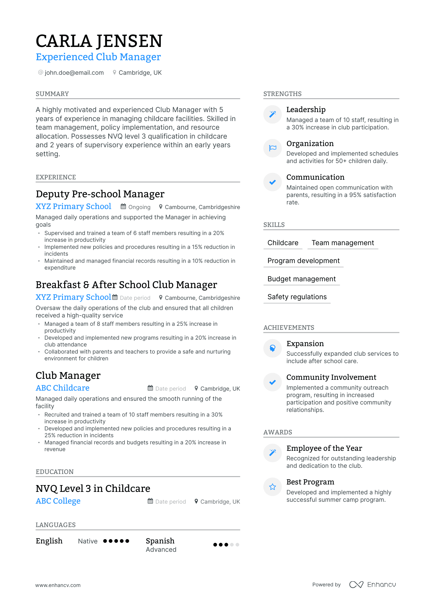 Modern Club Manager Resume Template