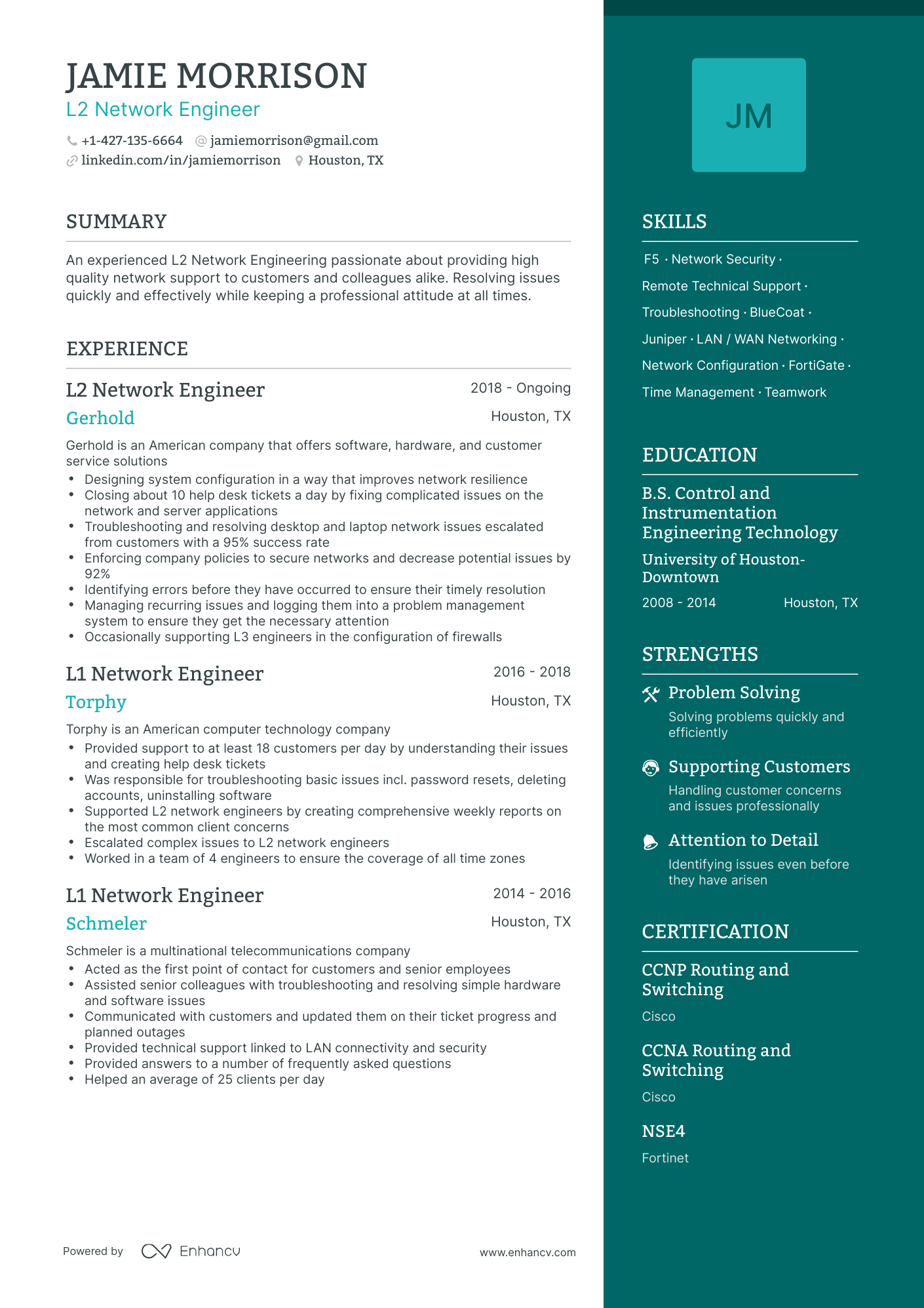 One Page L2 Network Engineer Resume Template