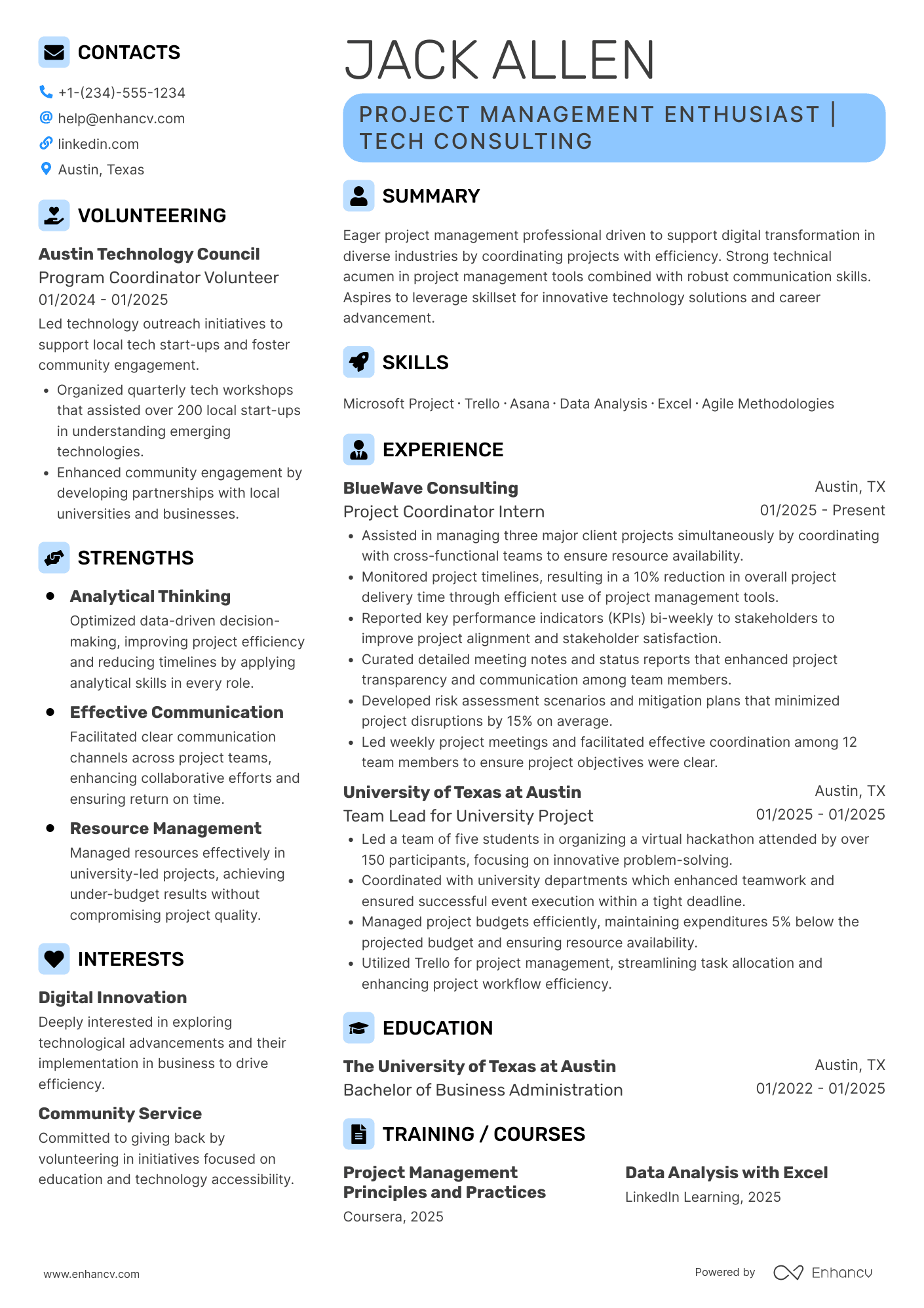 A resume example of a Entry Level Project Manager