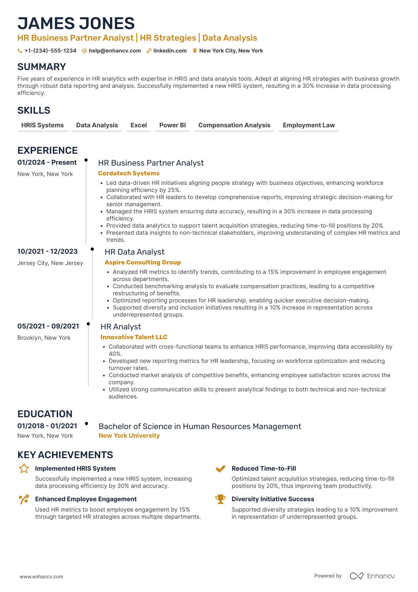 A resume example of a HR Business Partner Analyst