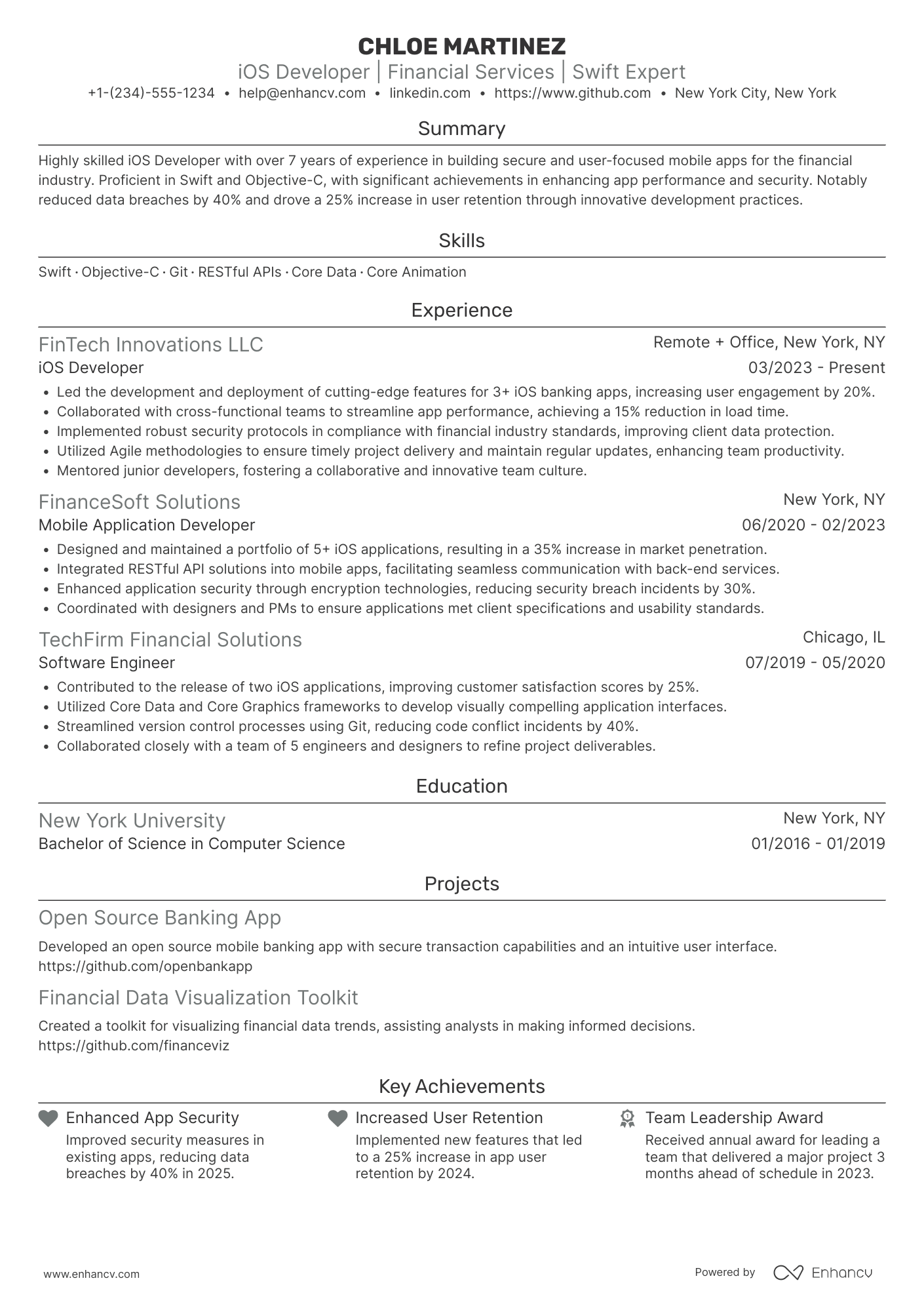 A resume example of a iOS Developer, Financial Services