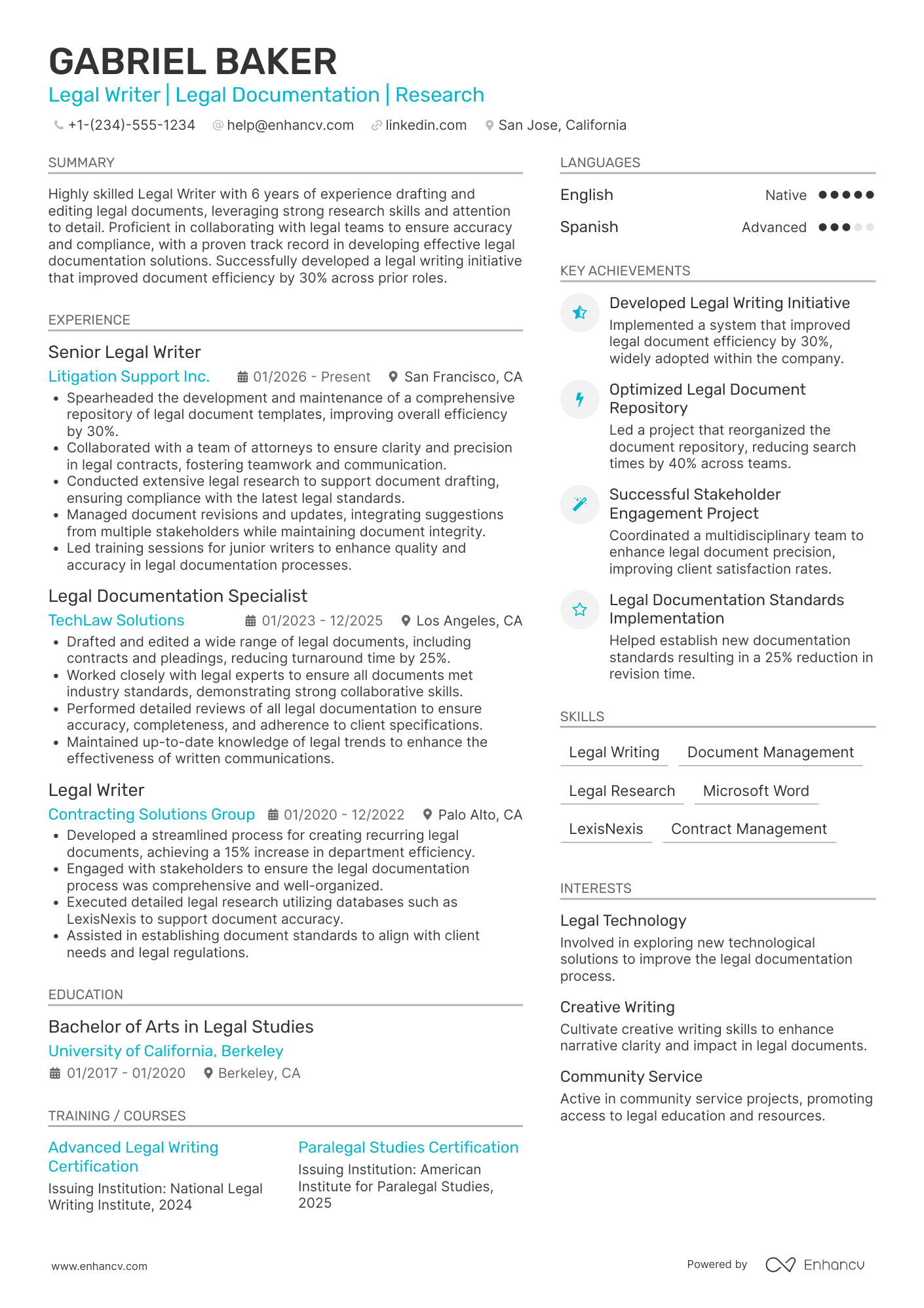 A resume example of a Legal Writer