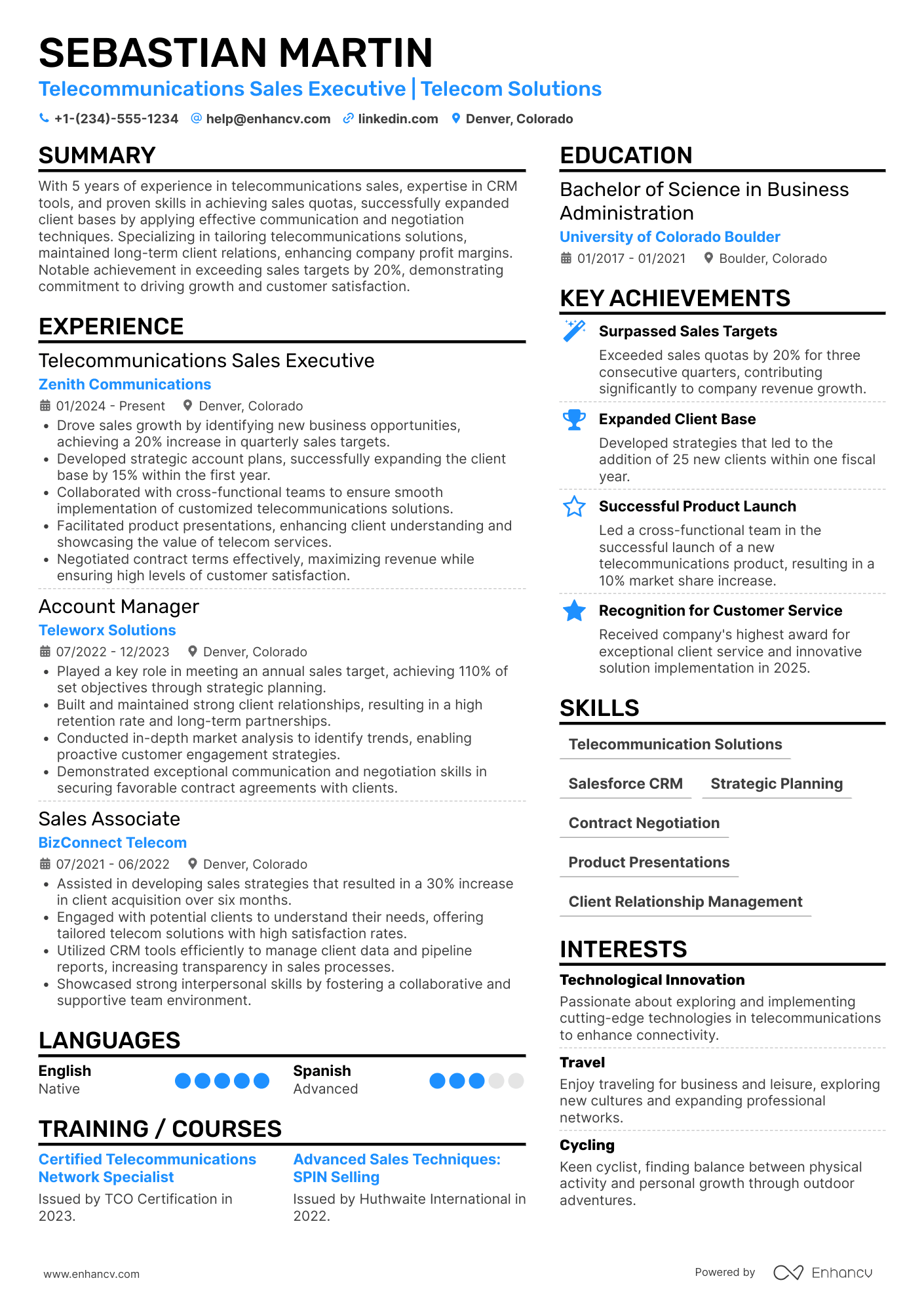 A resume example of a Telecommunications Sales Executive