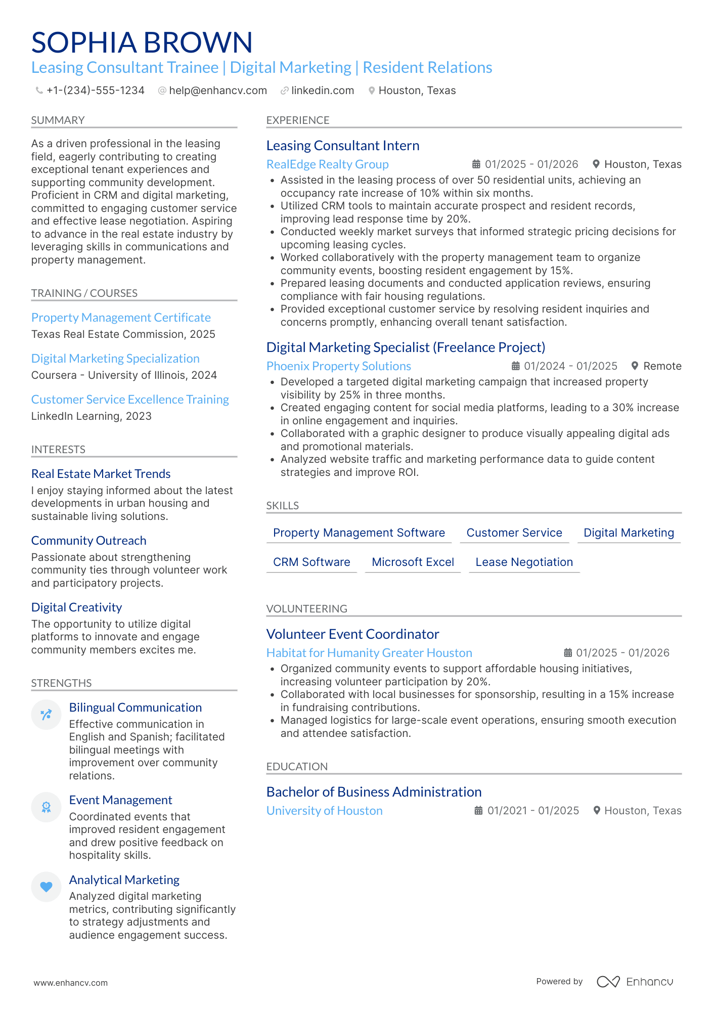 A resume example of a Leasing Consultant Trainee