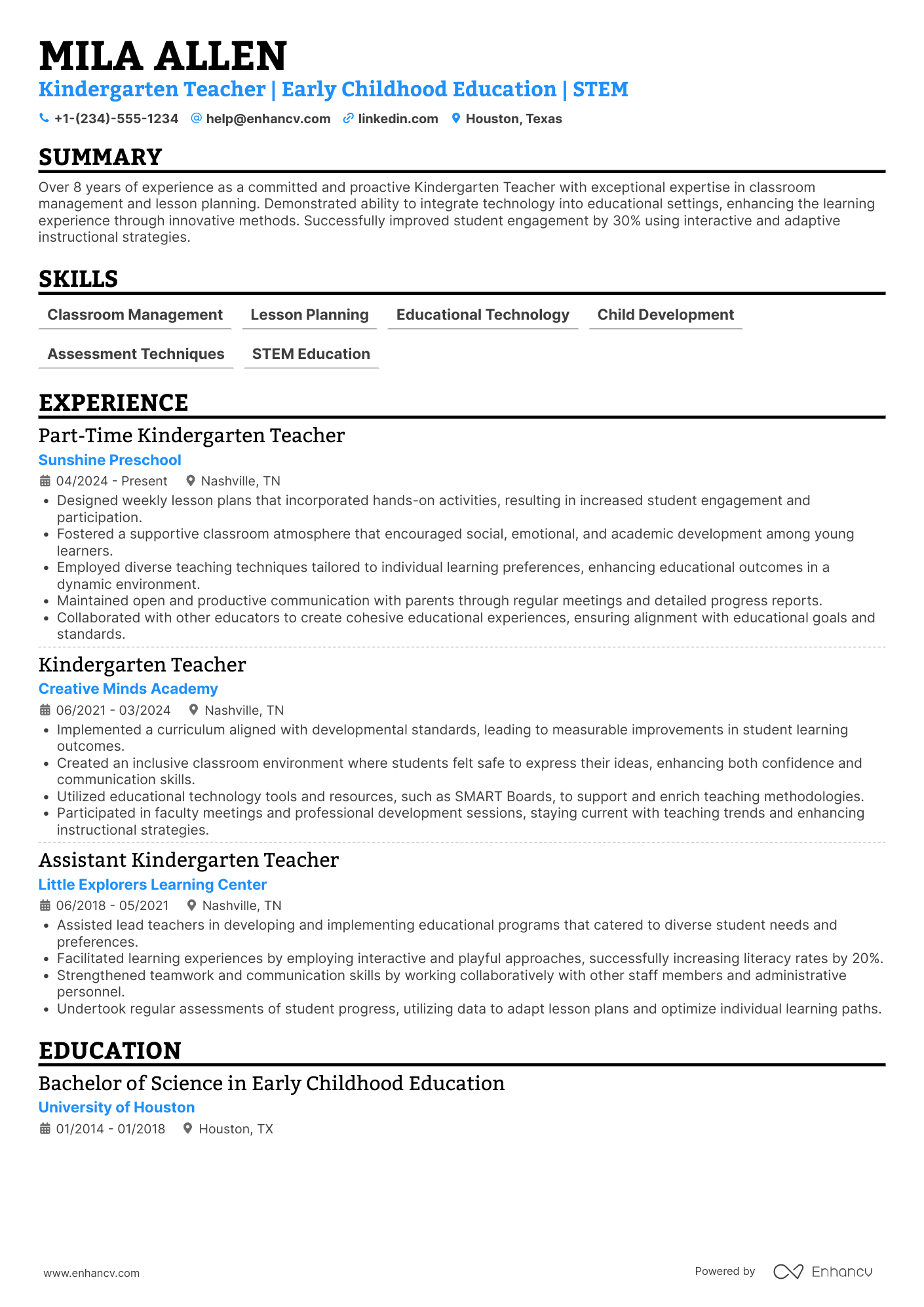 A resume example of a Part Time Kindergarten Teacher