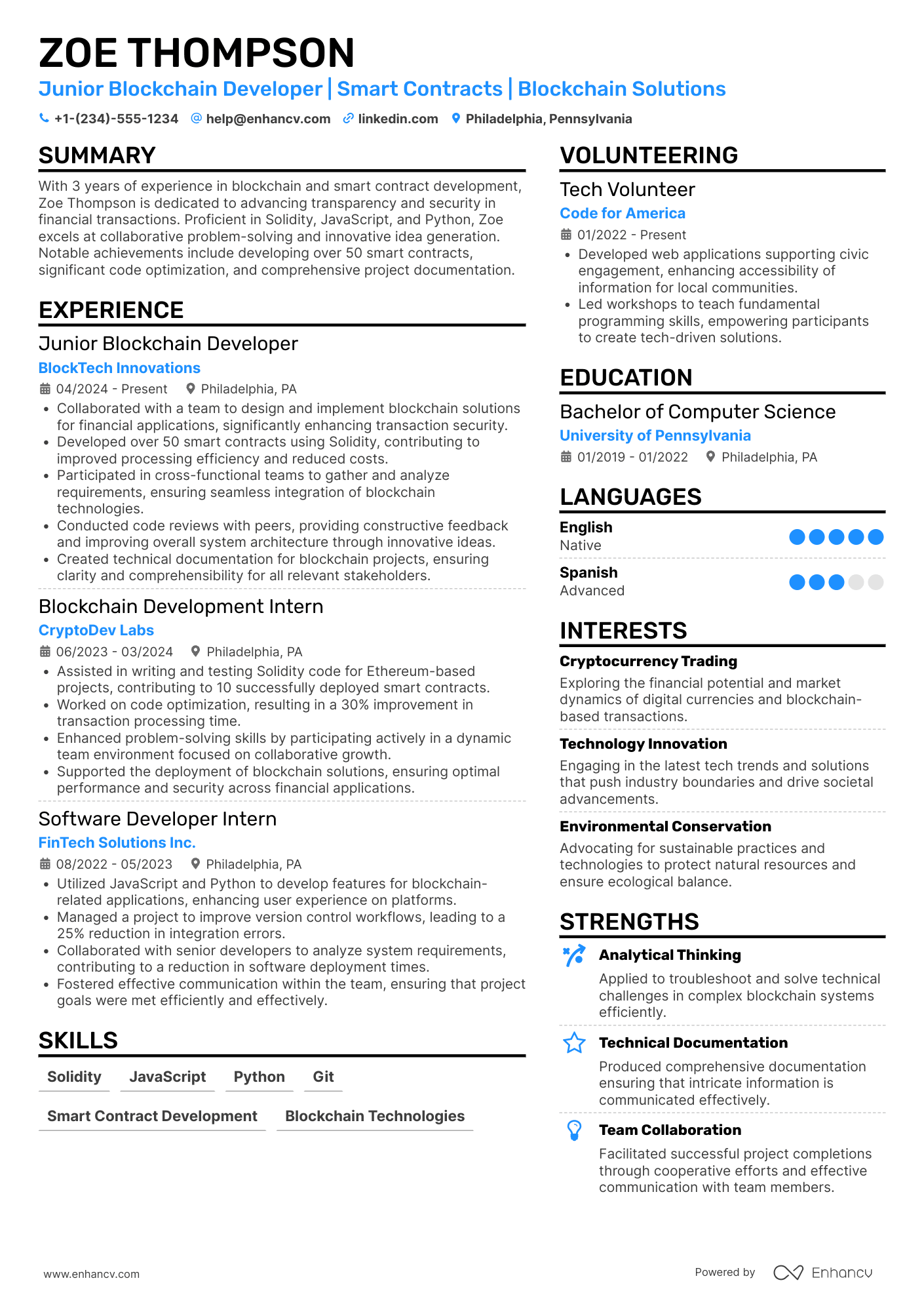A resume example of a Junior Blockchain Developer