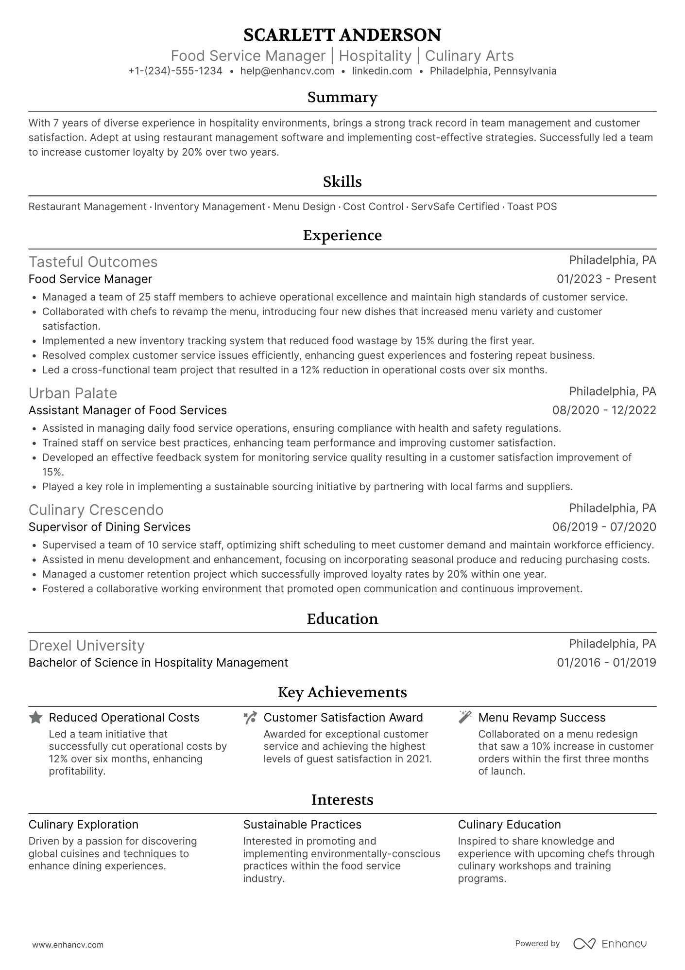 A resume example of a Food Service Manager