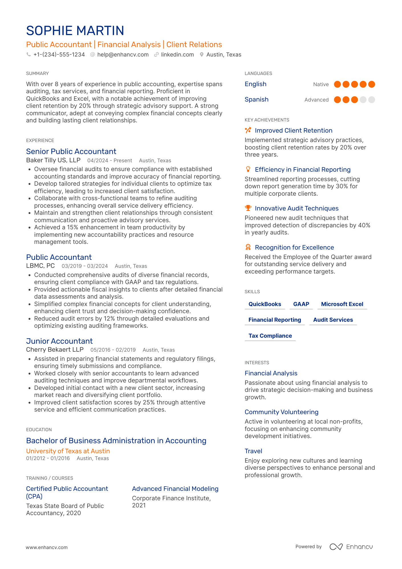 A resume example of a Public Accounting