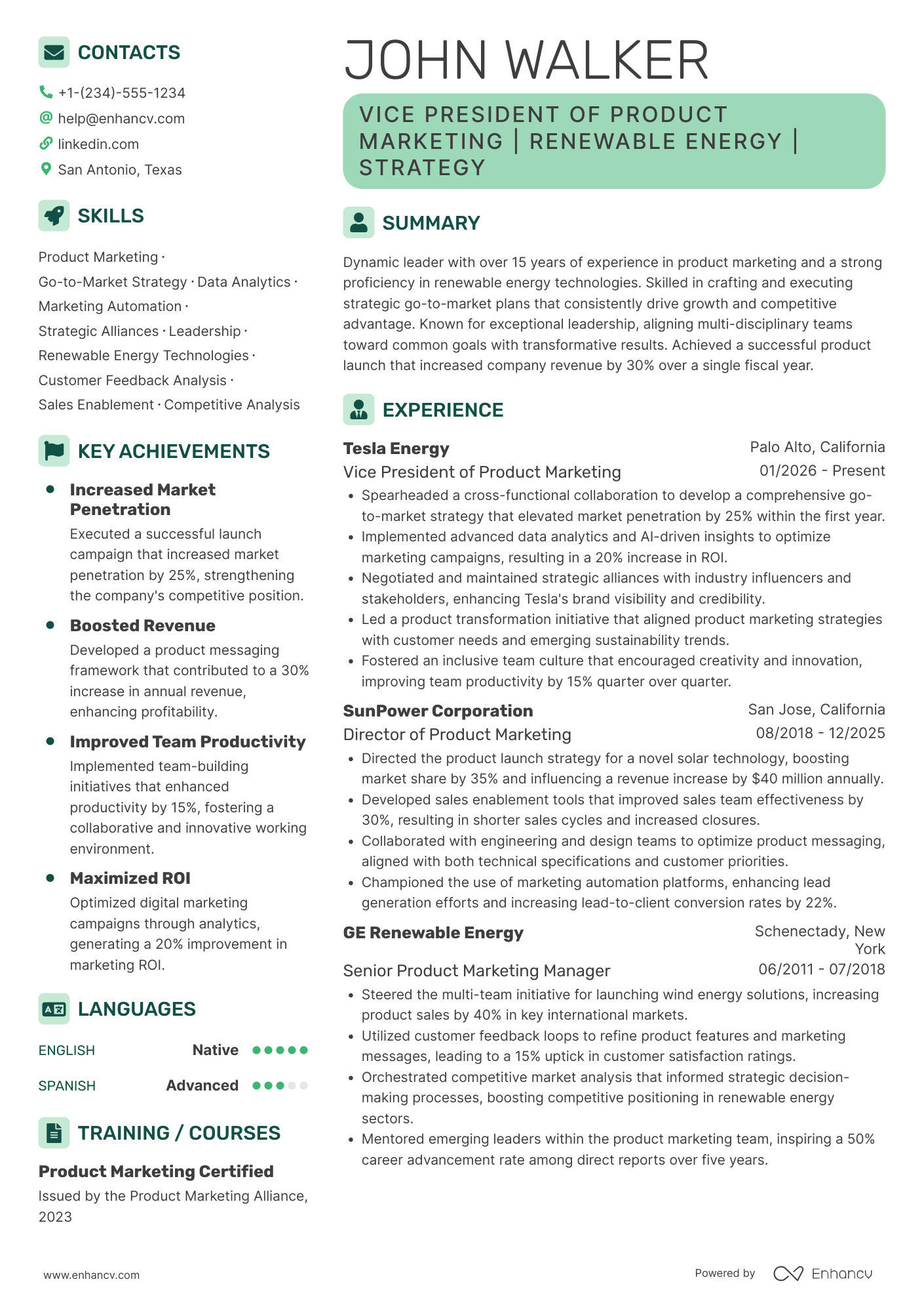 A resume example of a Vice President of Product Marketing