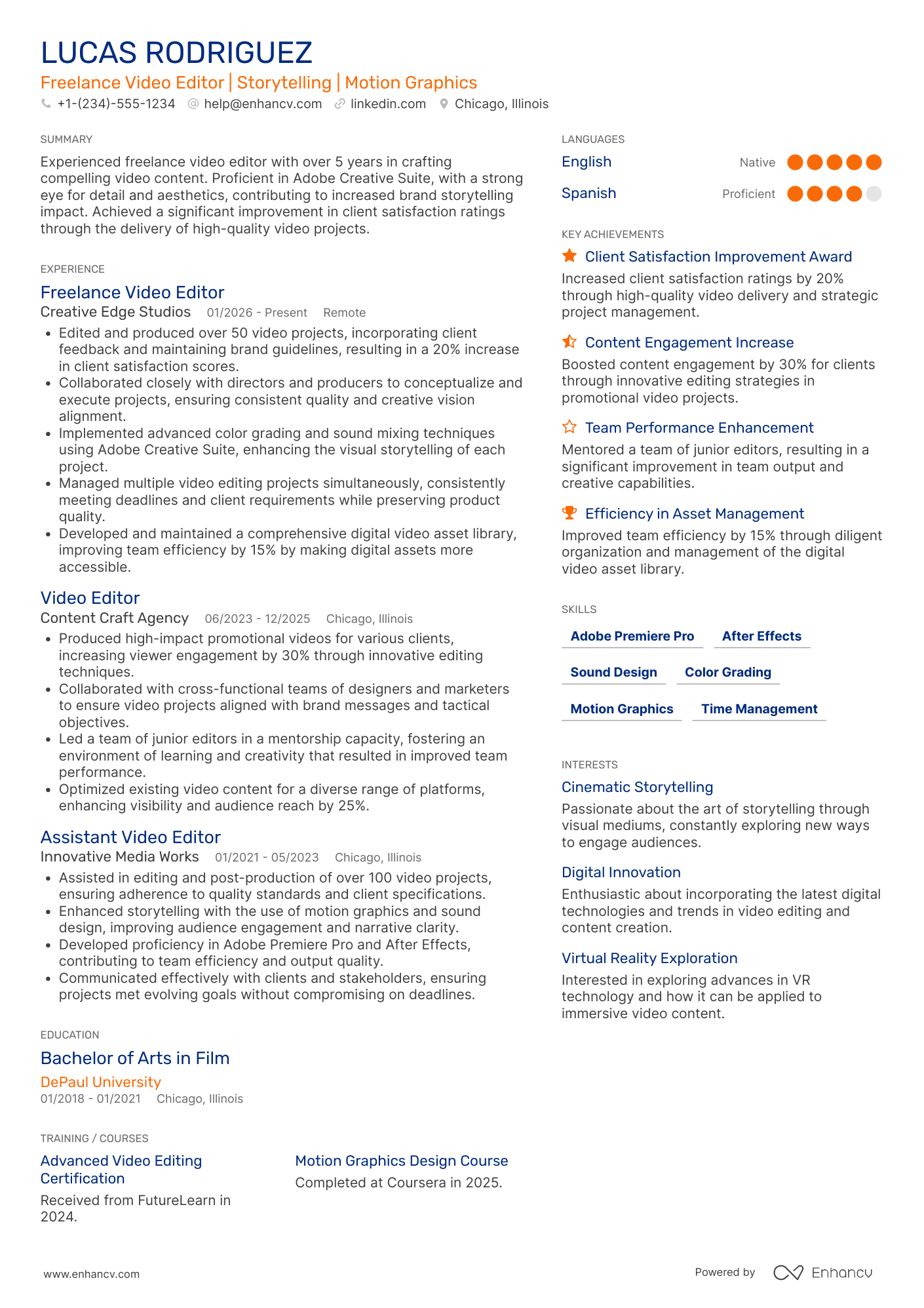 A resume example of a Freelance Video Editor