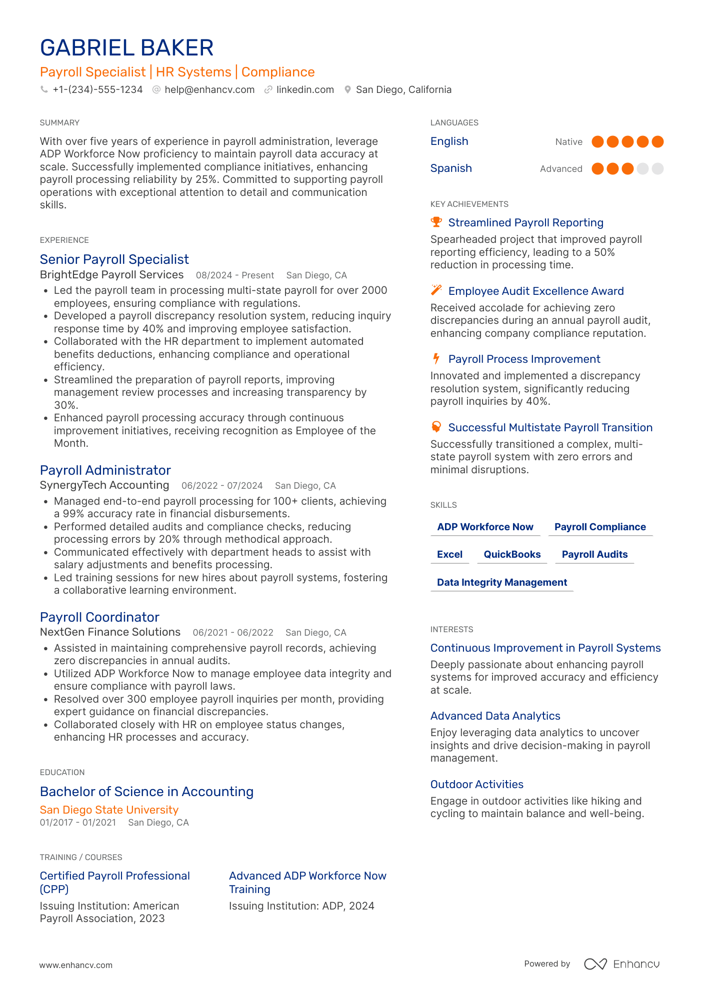 A resume example of a Payroll Admin