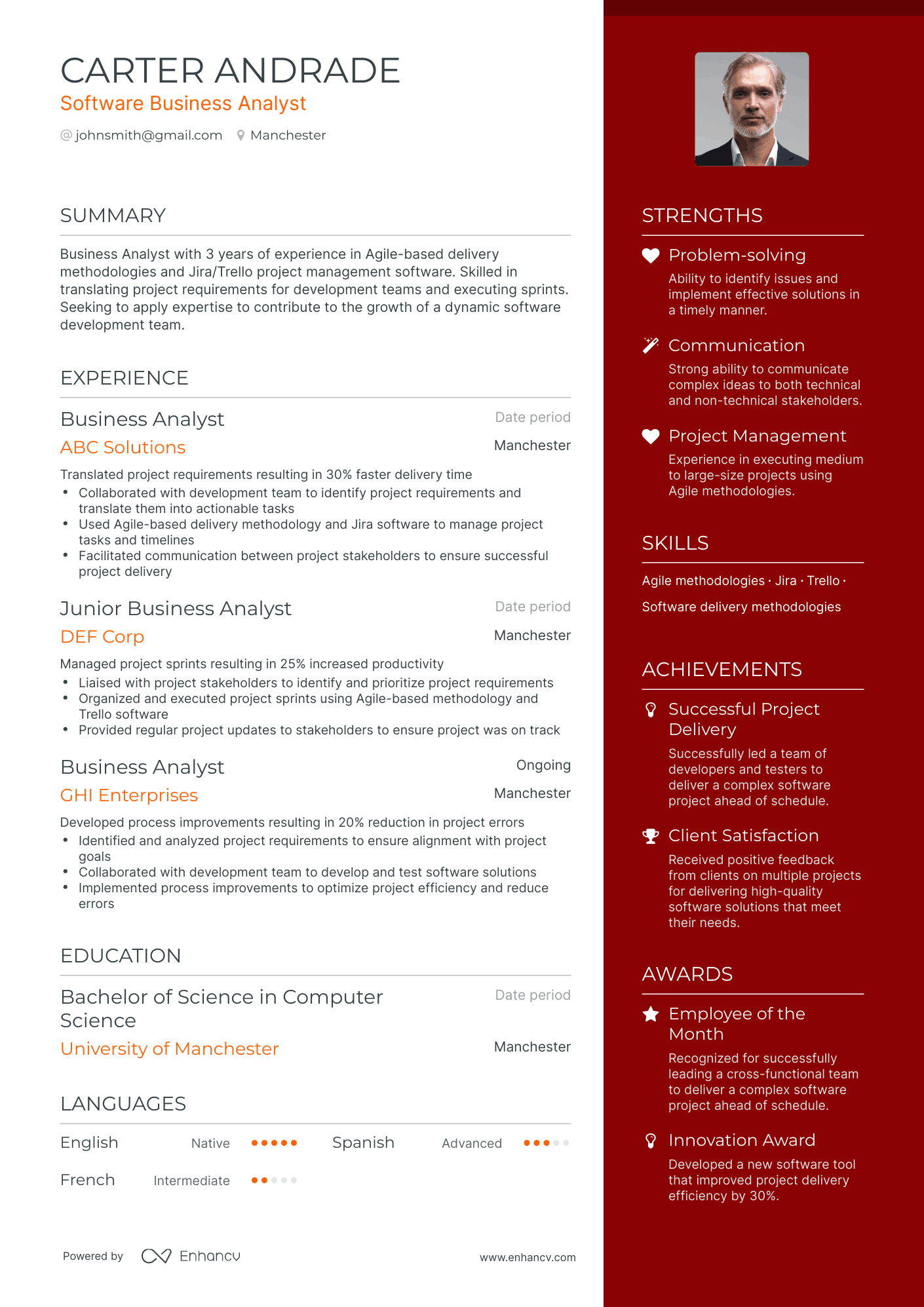 One Page Software Business Analyst Resume Template