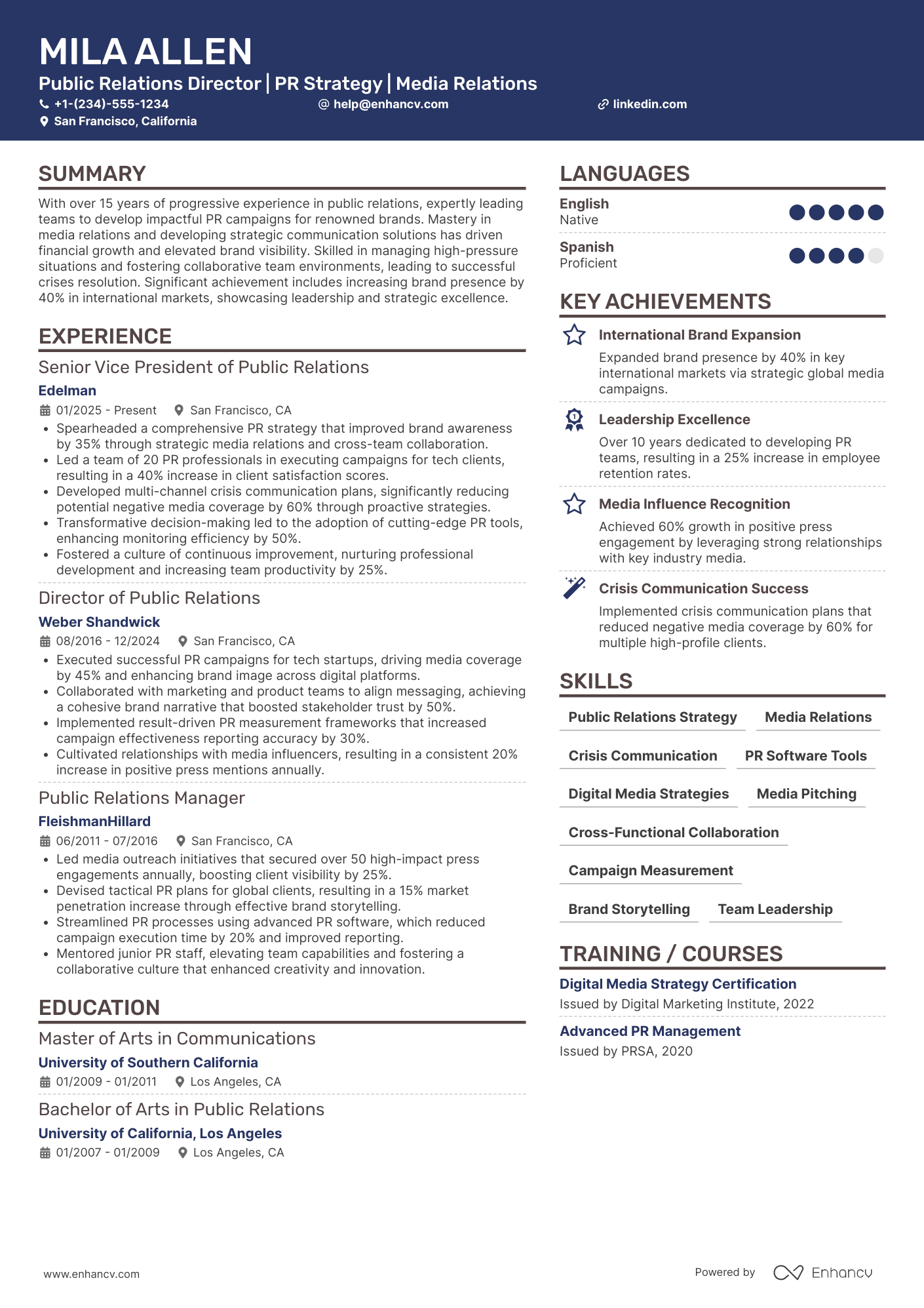 A resume example of a Public Relations Director