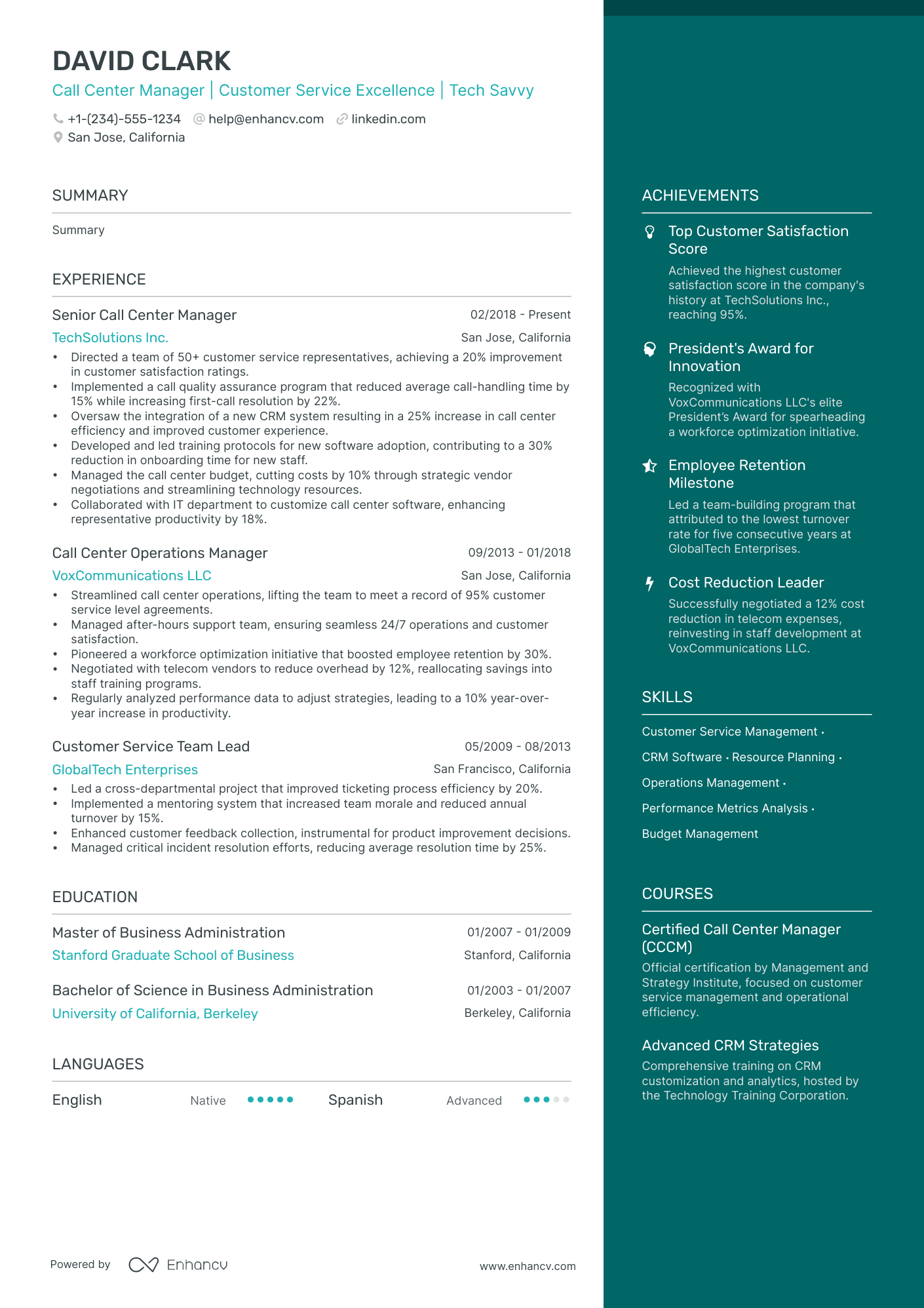 call center manager resume examples