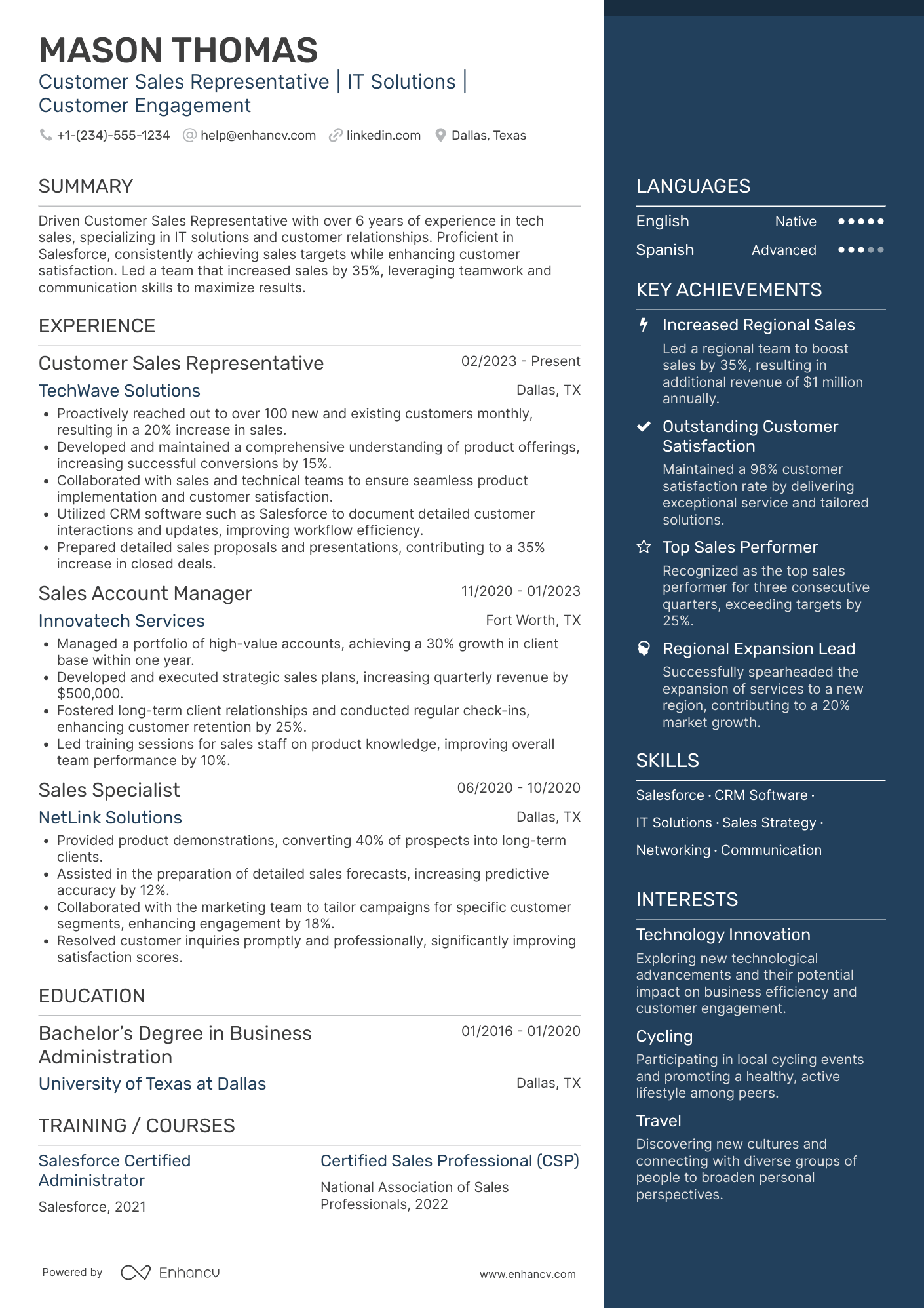 A resume example of a Customer Sales Representative