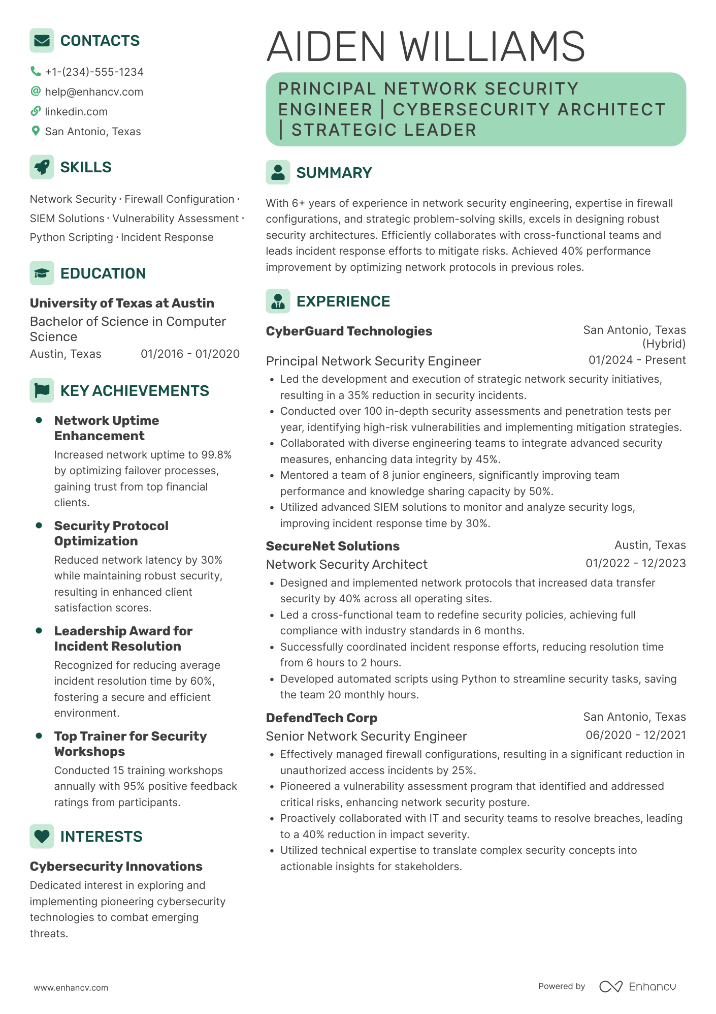 A resume example of a Principal Network Security Engineer
