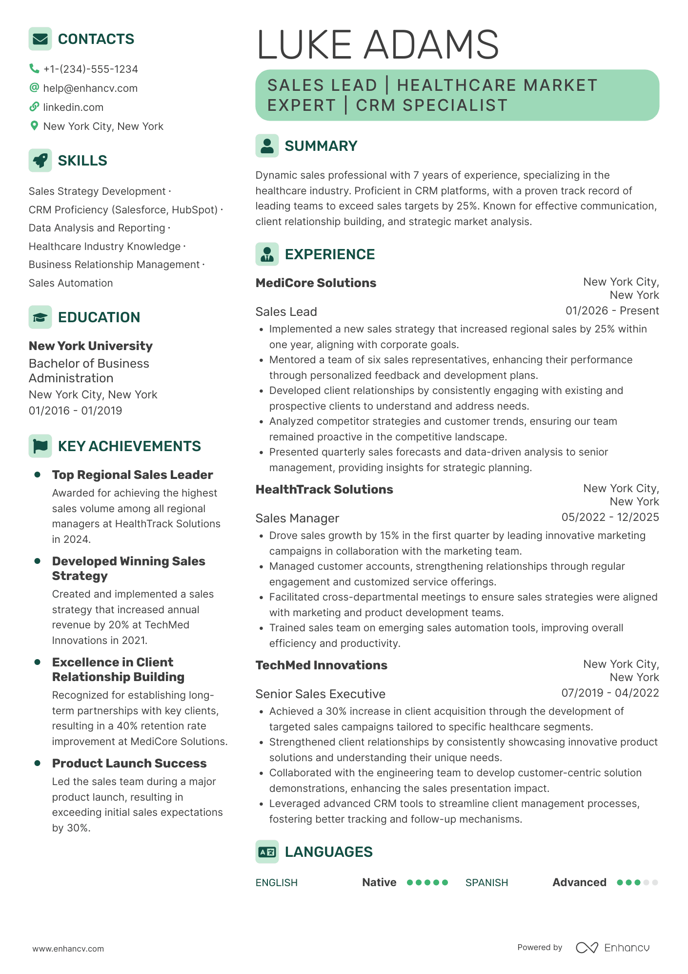 A resume example of a Sales Lead