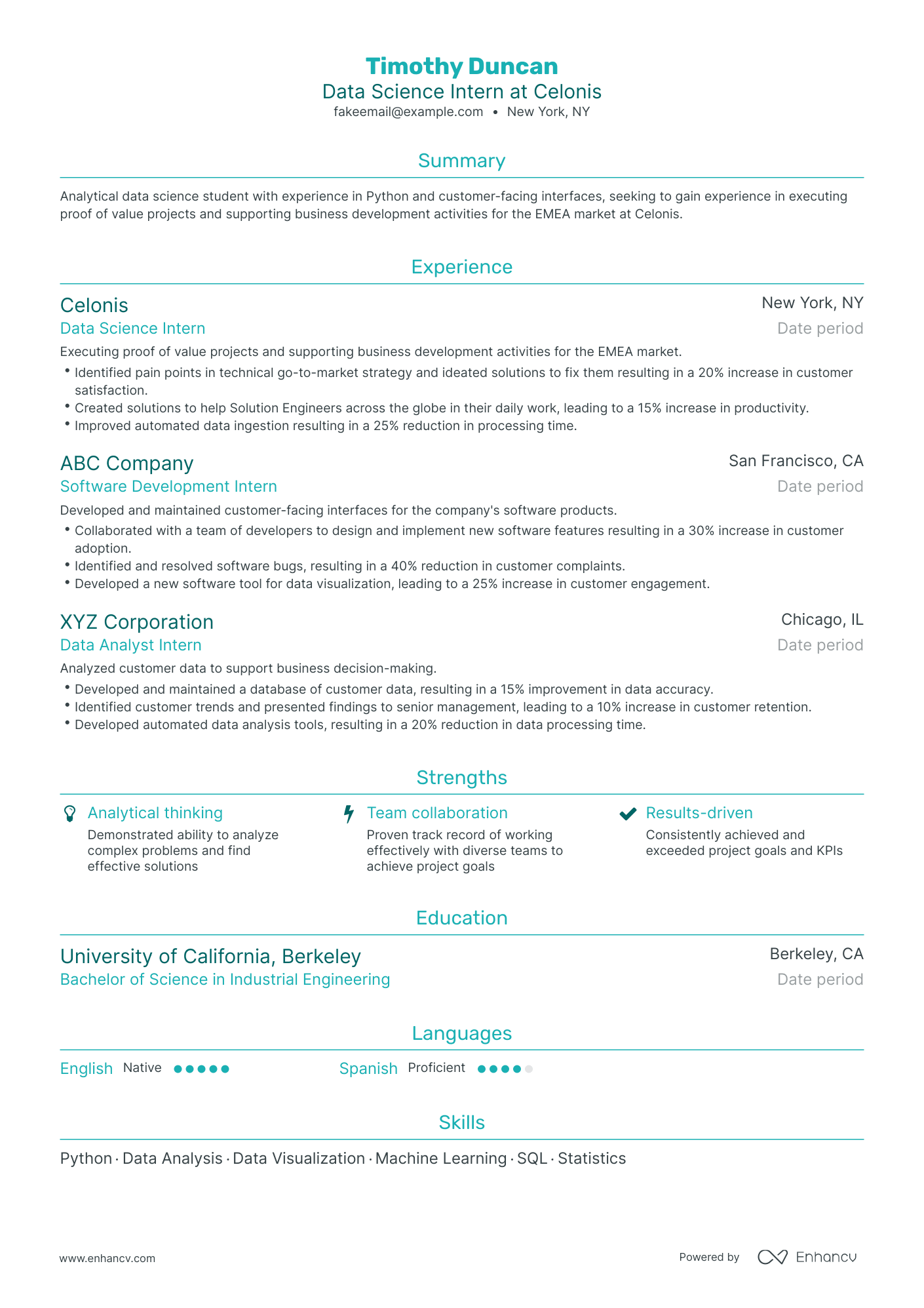 Traditional Data Science Intern Resume Template