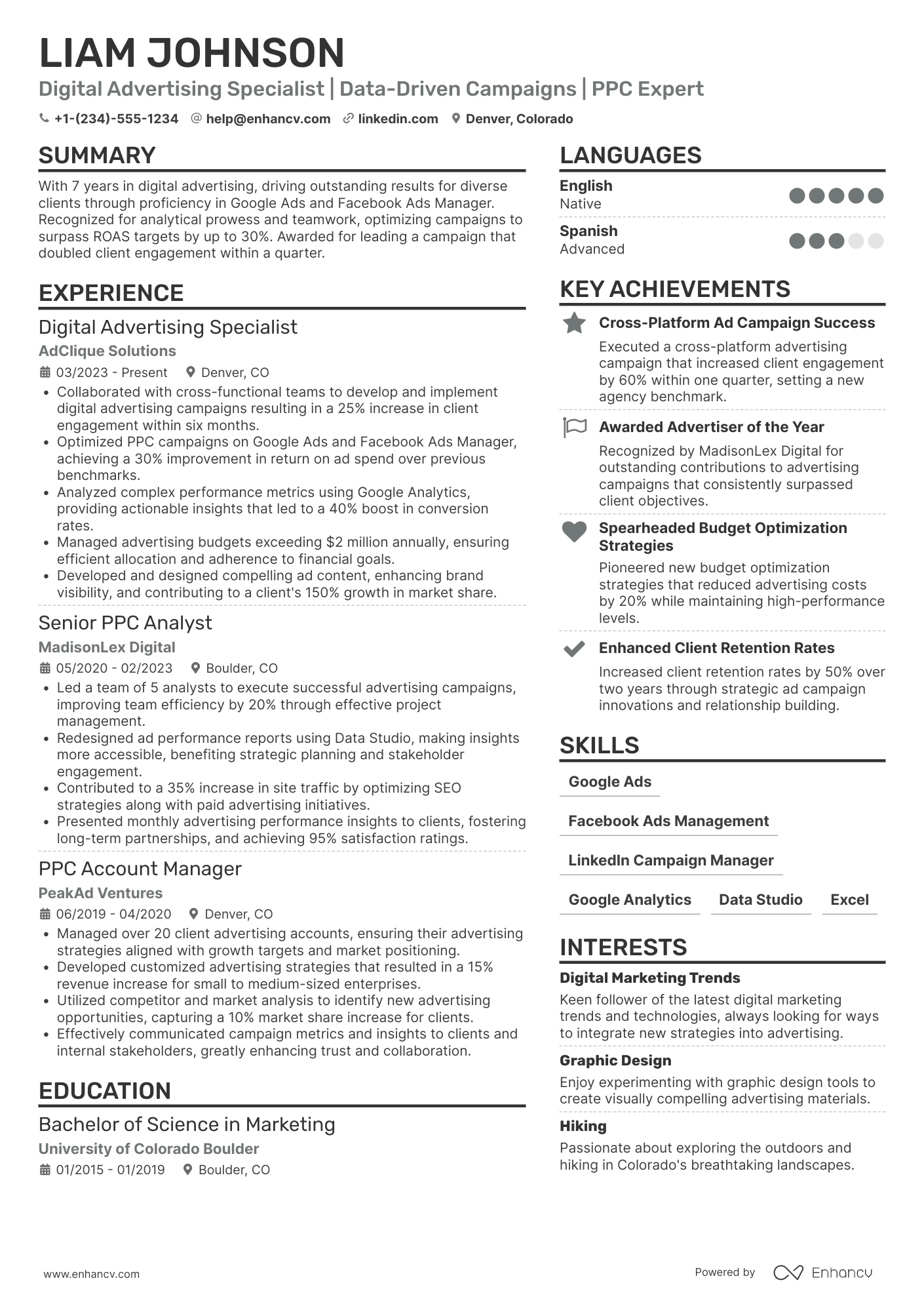 A resume example of a Advertising Specialist