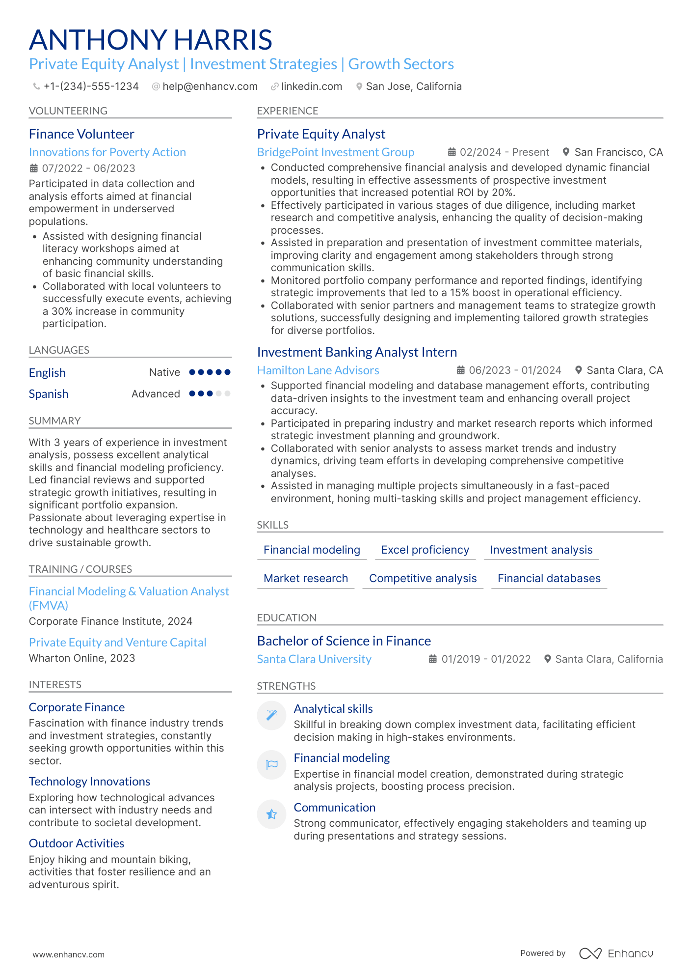 A resume example of a Private Equity Associate