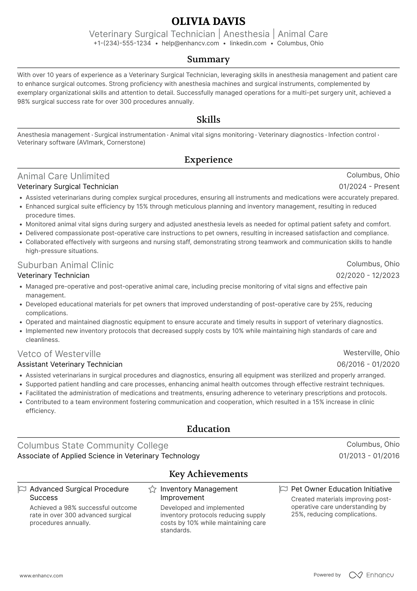 A resume example of a Veterinary Surgical Technician