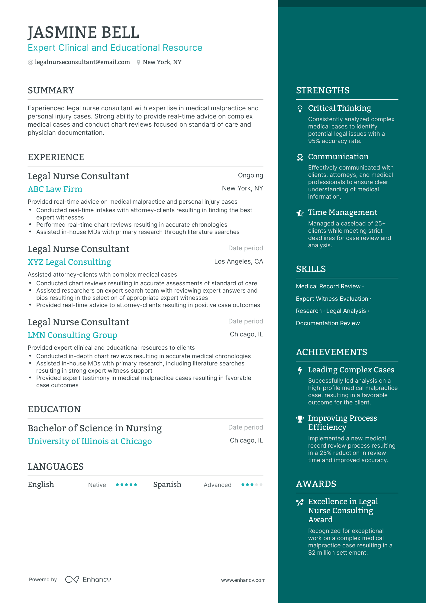 One Page Legal Nurse Consultant Resume Template