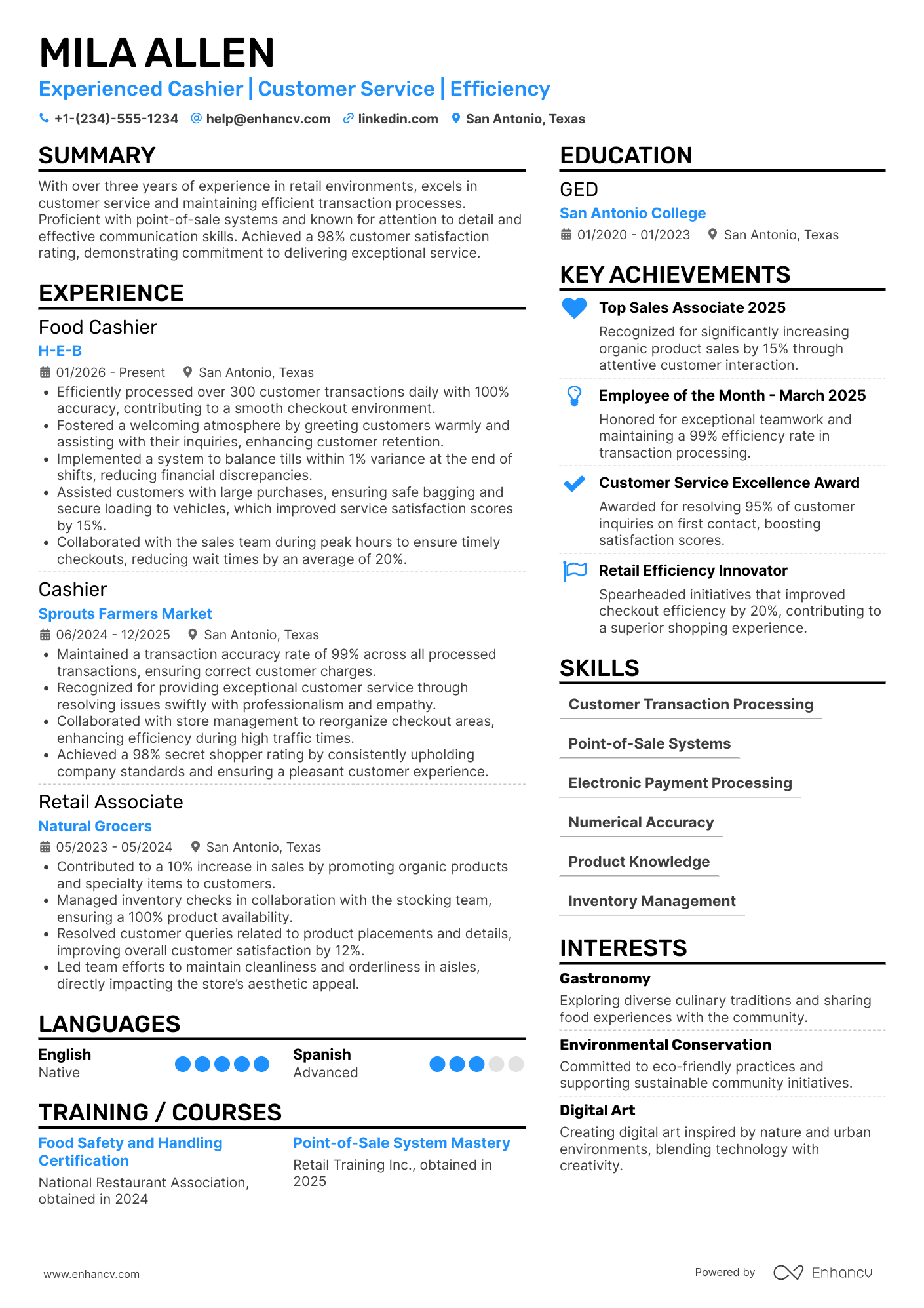 A resume example of a Food Cashier