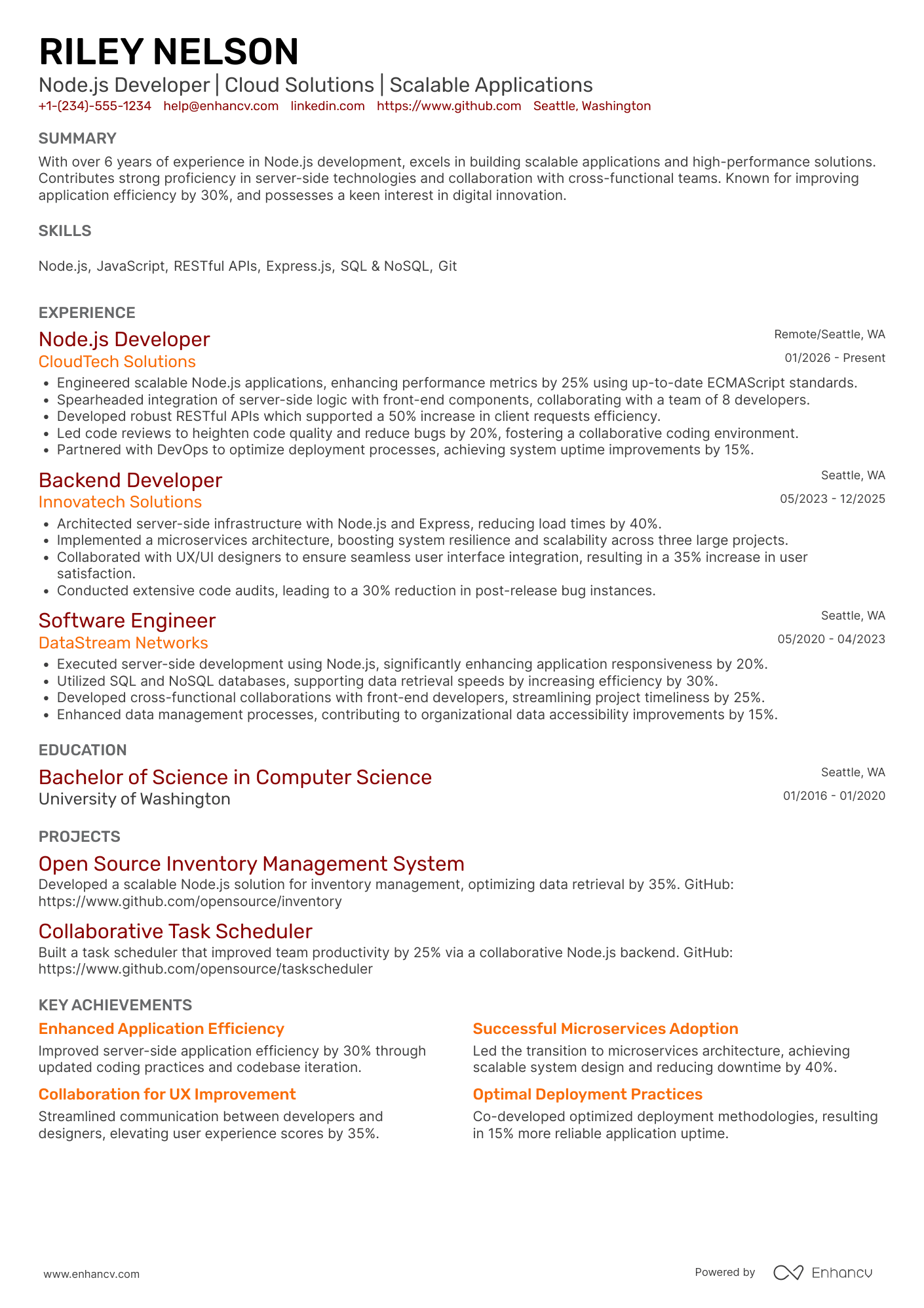 A resume example of a Node JS Developer