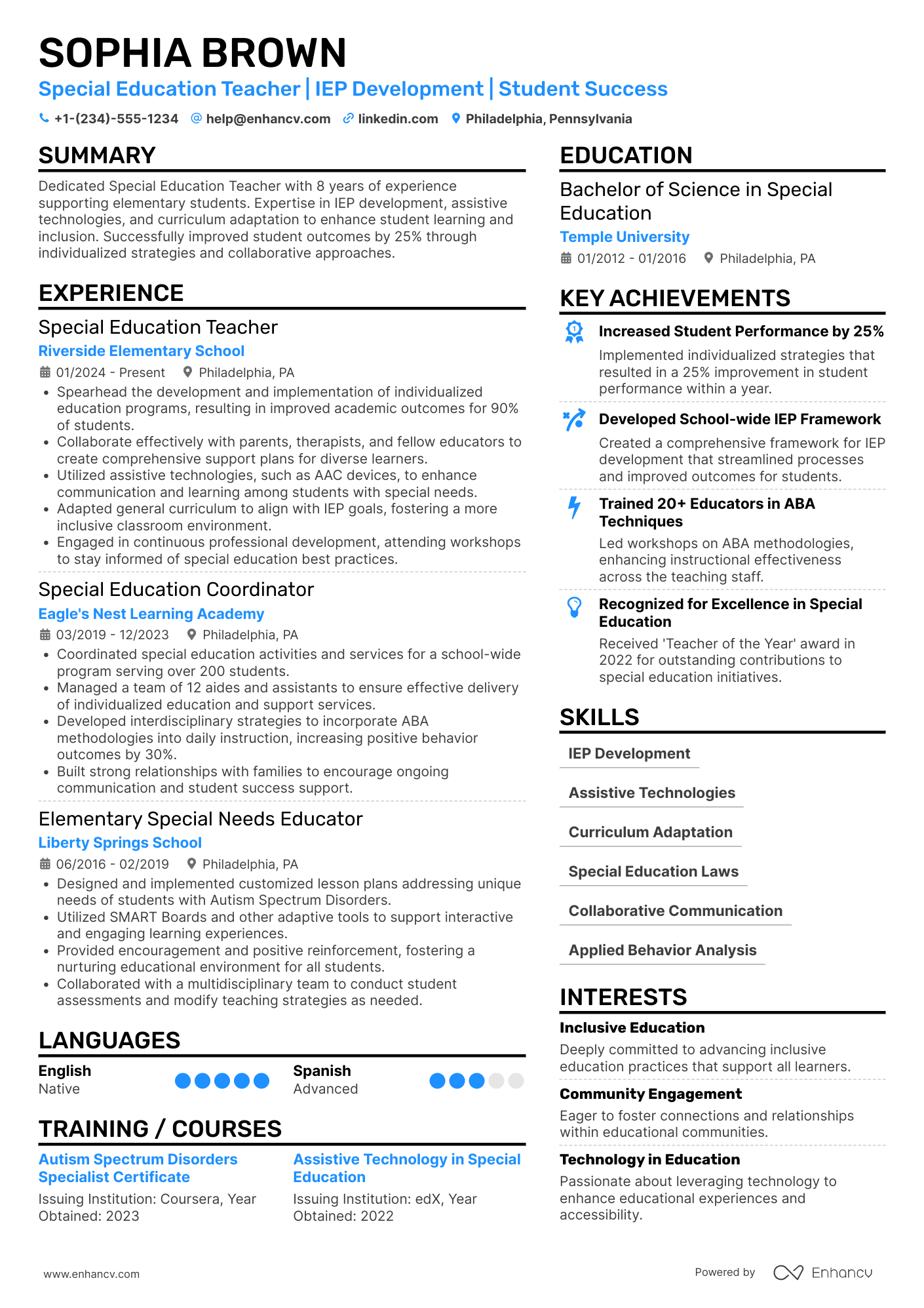 A resume example of a Special Education Elementary Teacher