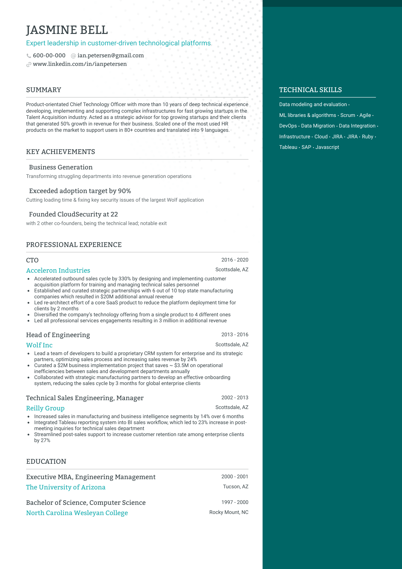One Page CTO Resume Template