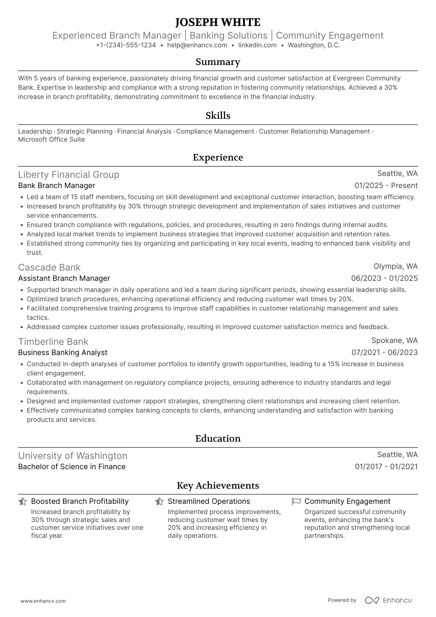 A resume example of a Bank Branch Manager