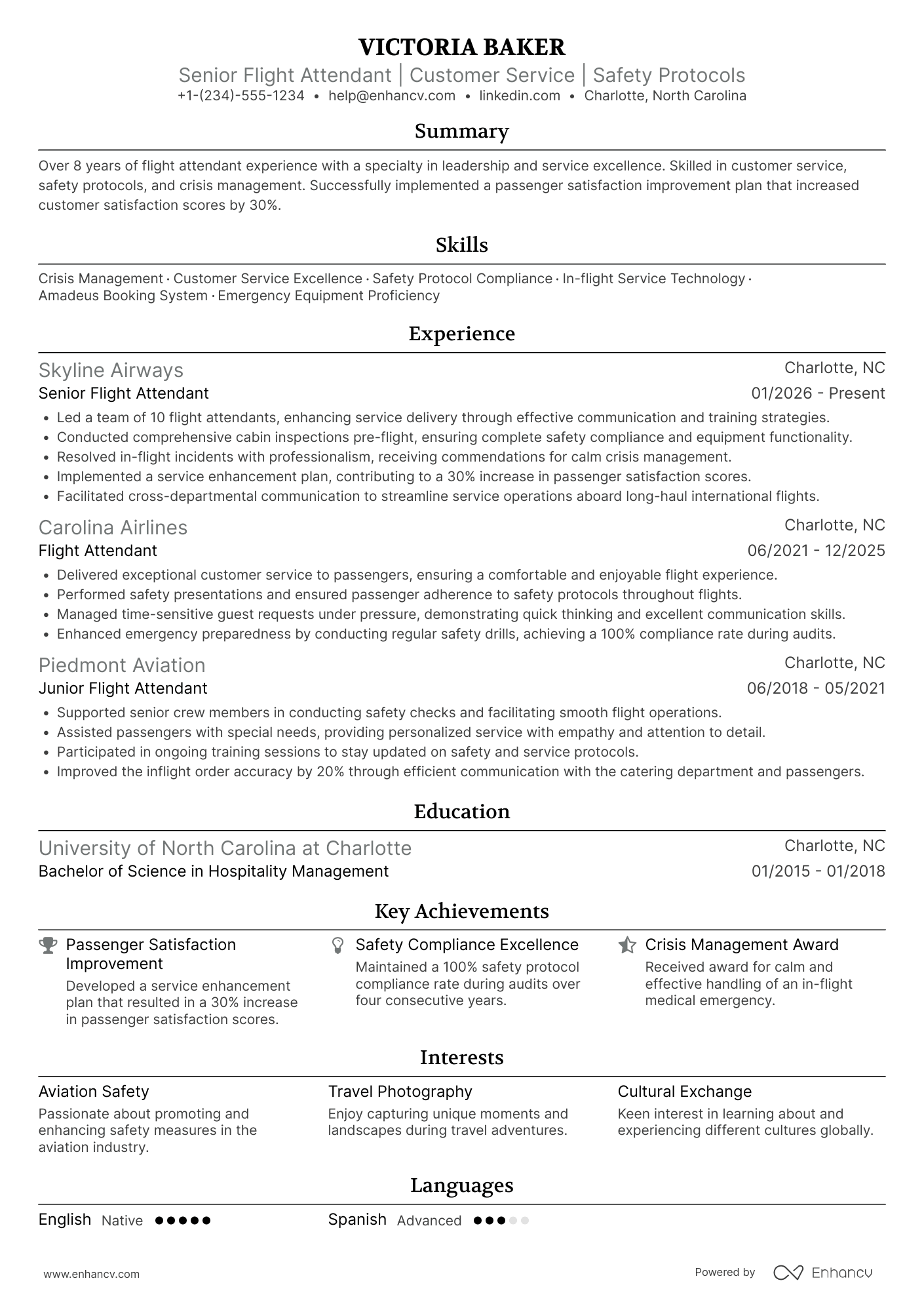 A resume example of a Senior Flight Attendant