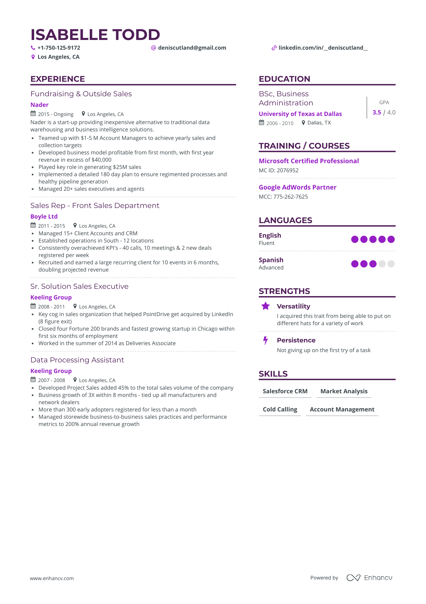 Simple Outside Sales Resume Template