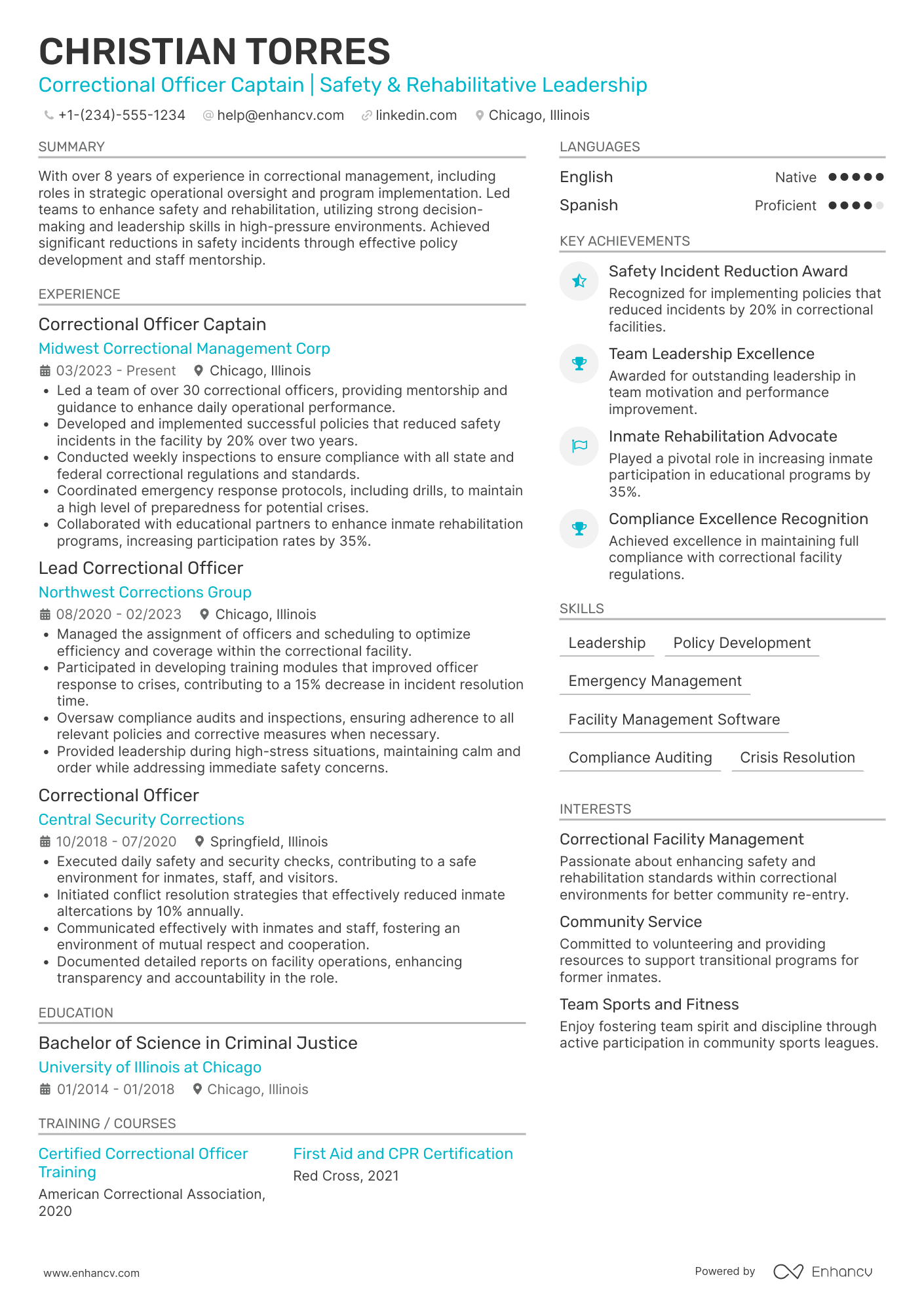 A resume example of a Correctional Officer Captain