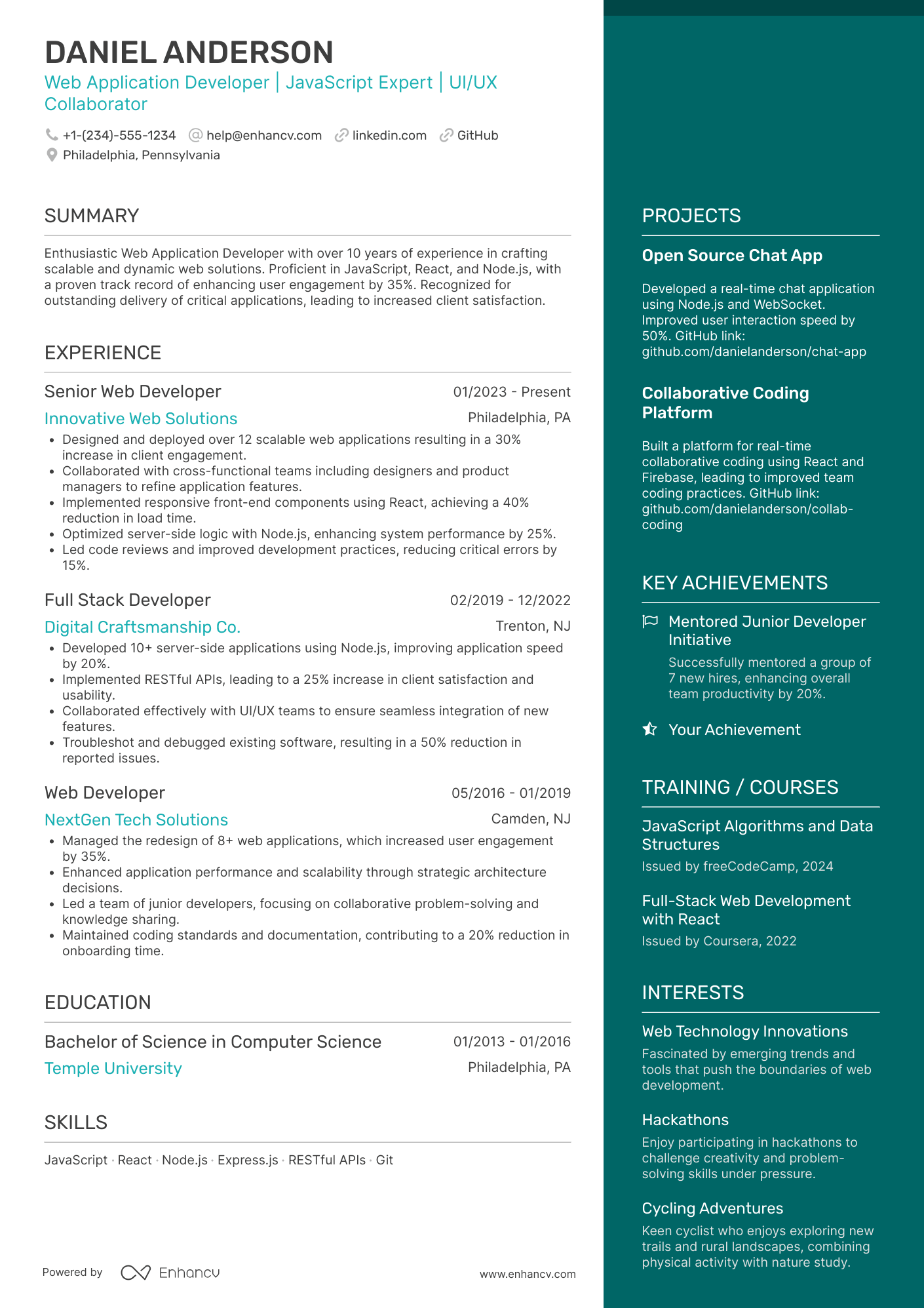 A resume example of a Web Application Developer