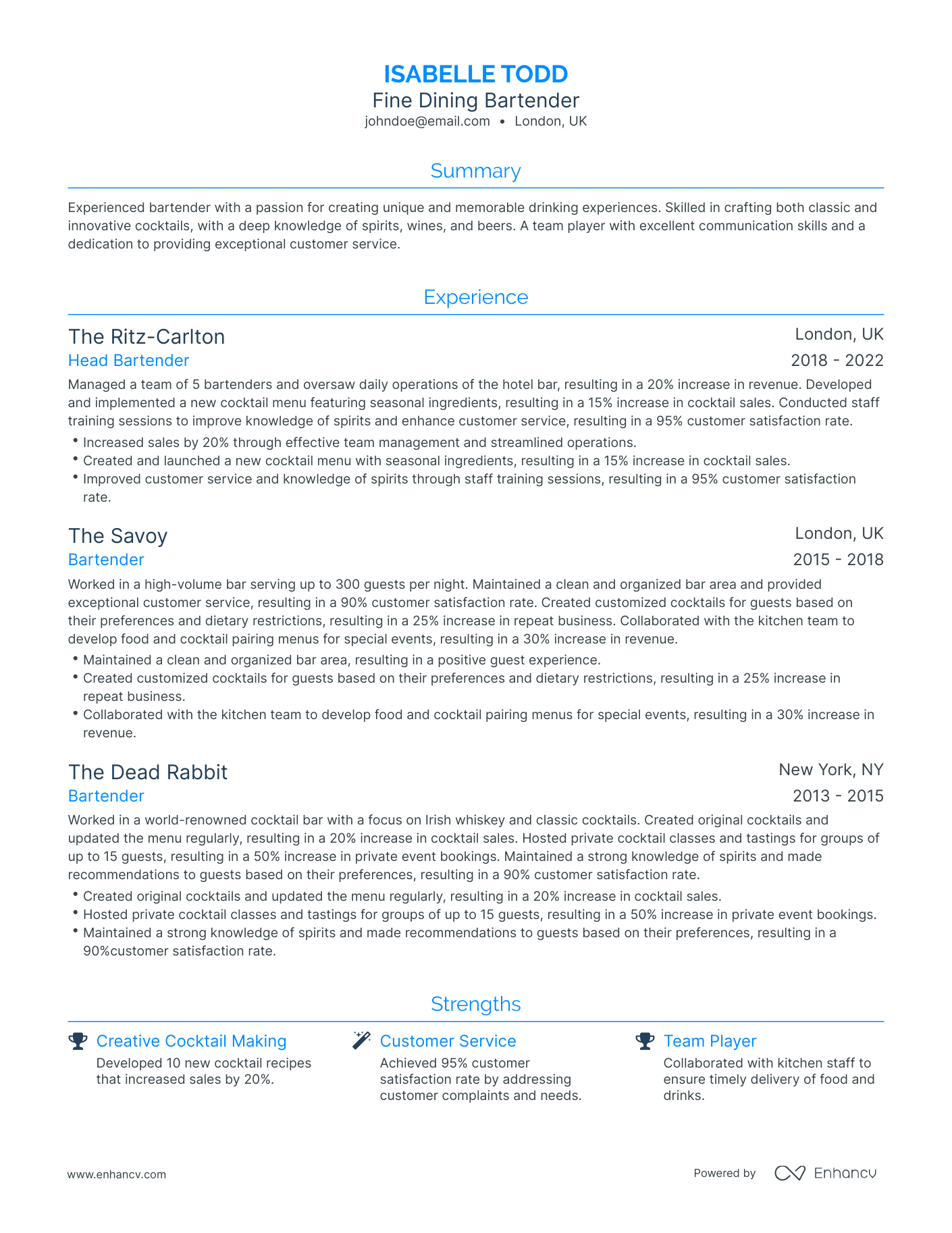 Traditional Fine Dining Bartender Resume Template
