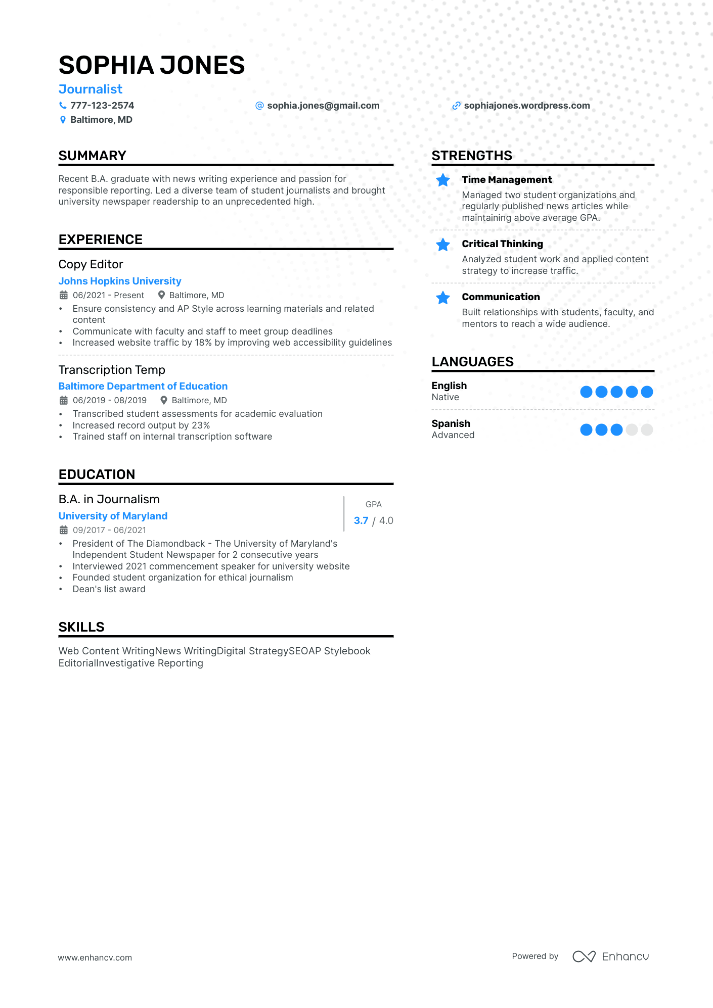 resume for journalist job