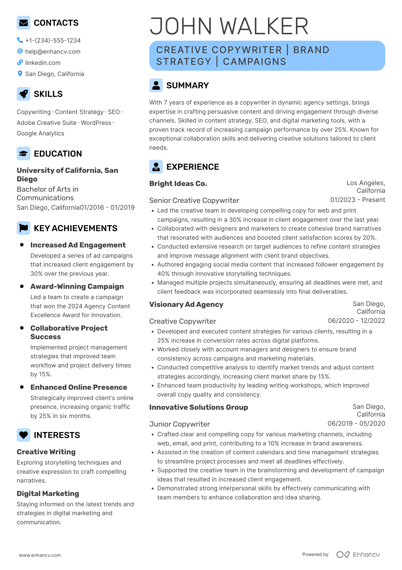 A resume example of a Creative Copywriter