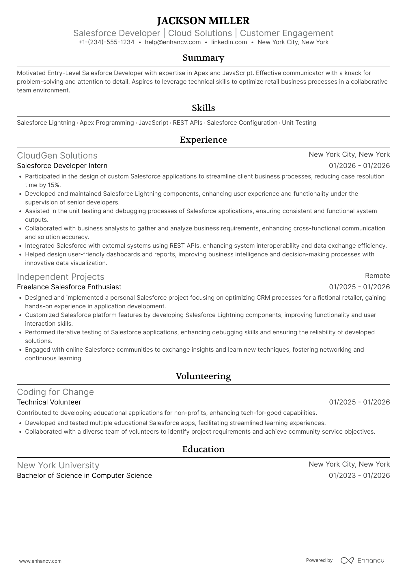 A resume example of a Entry Level Salesforce Developer